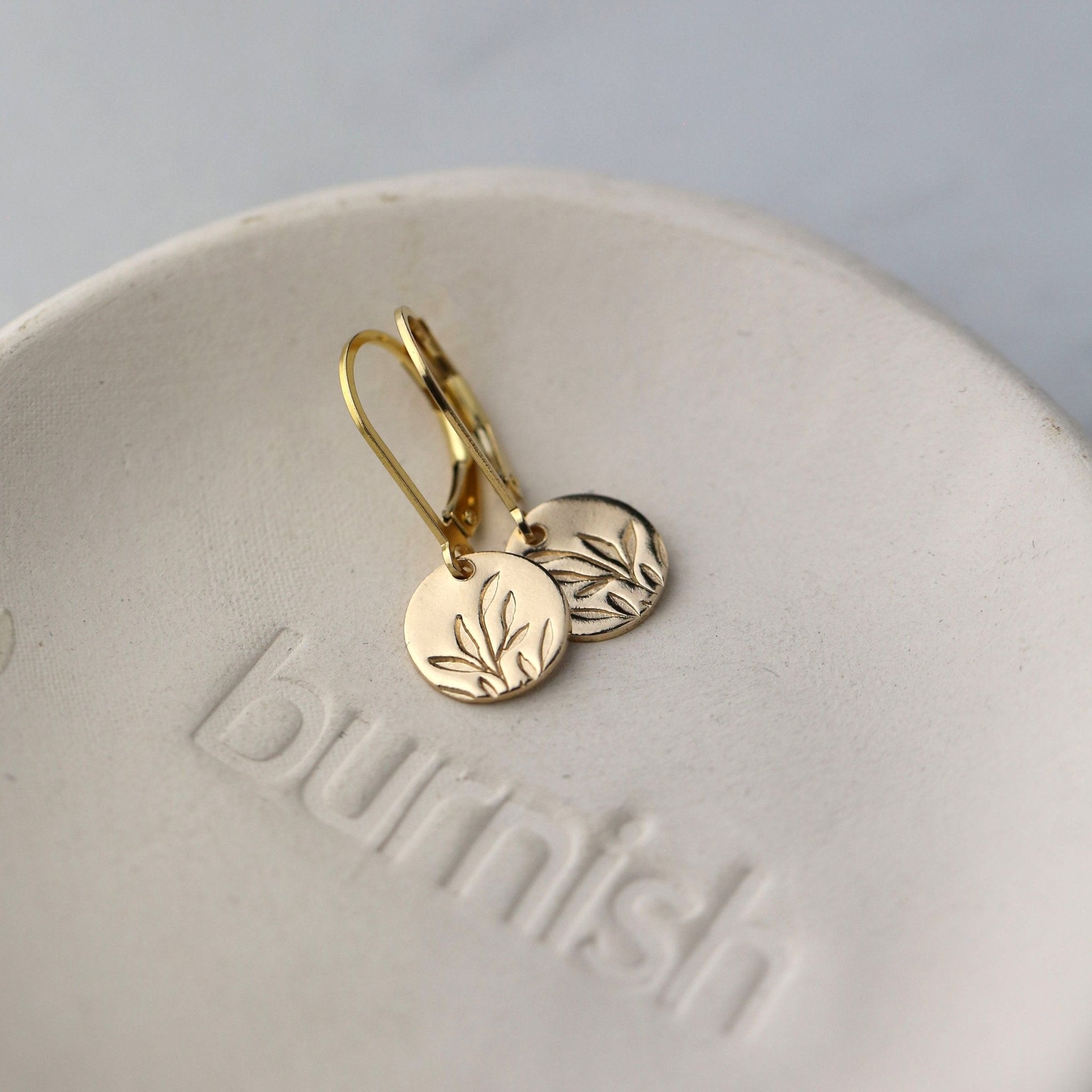 Gold Willow Leaf Tiny Disc Earrings