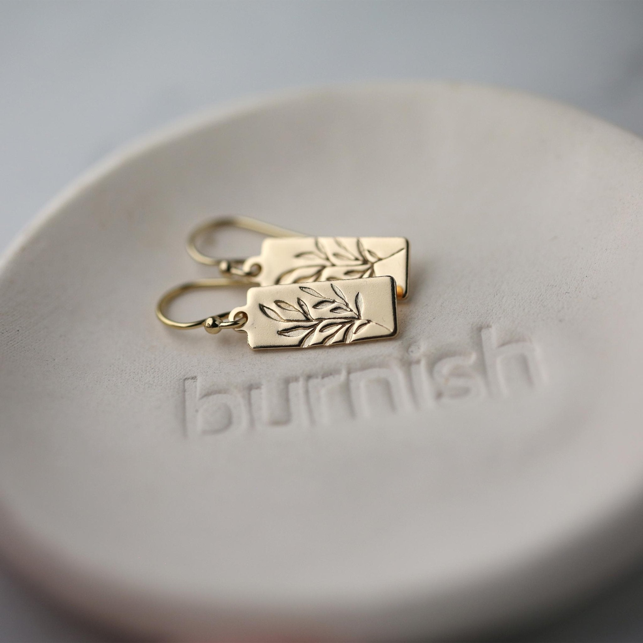 Gold Willow Leaves Tag Earrings handmade by Burnish