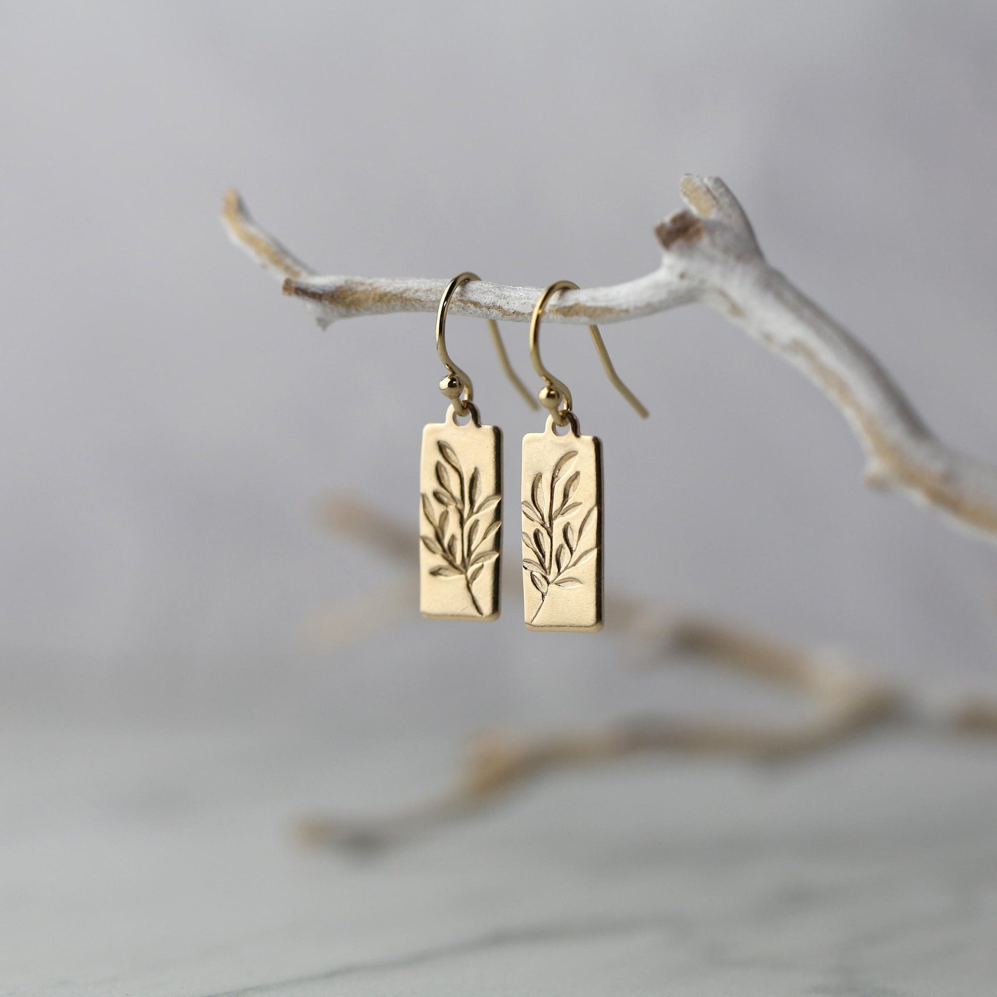 Gold Willow Leaves Tag Earrings handmade by Burnish