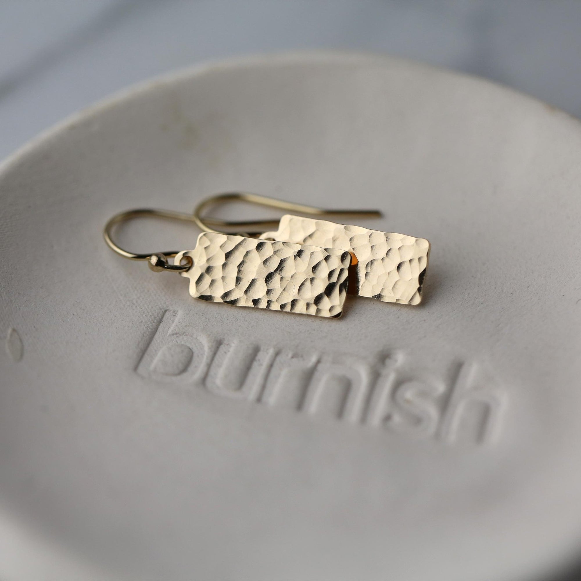 Hammered Gold Tag Earrings handmade by Burnish