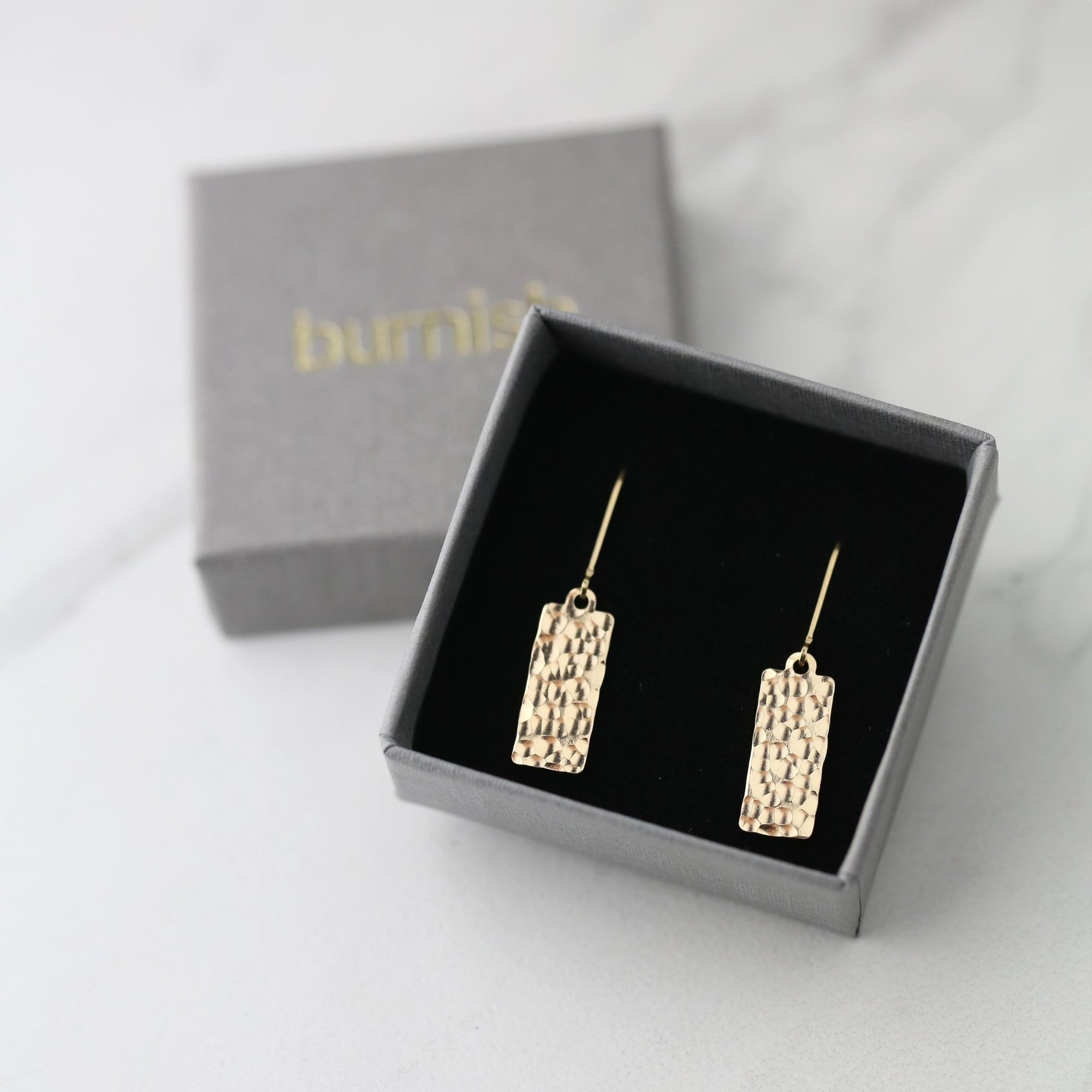 Hammered Gold Tag Earrings handmade by Burnish