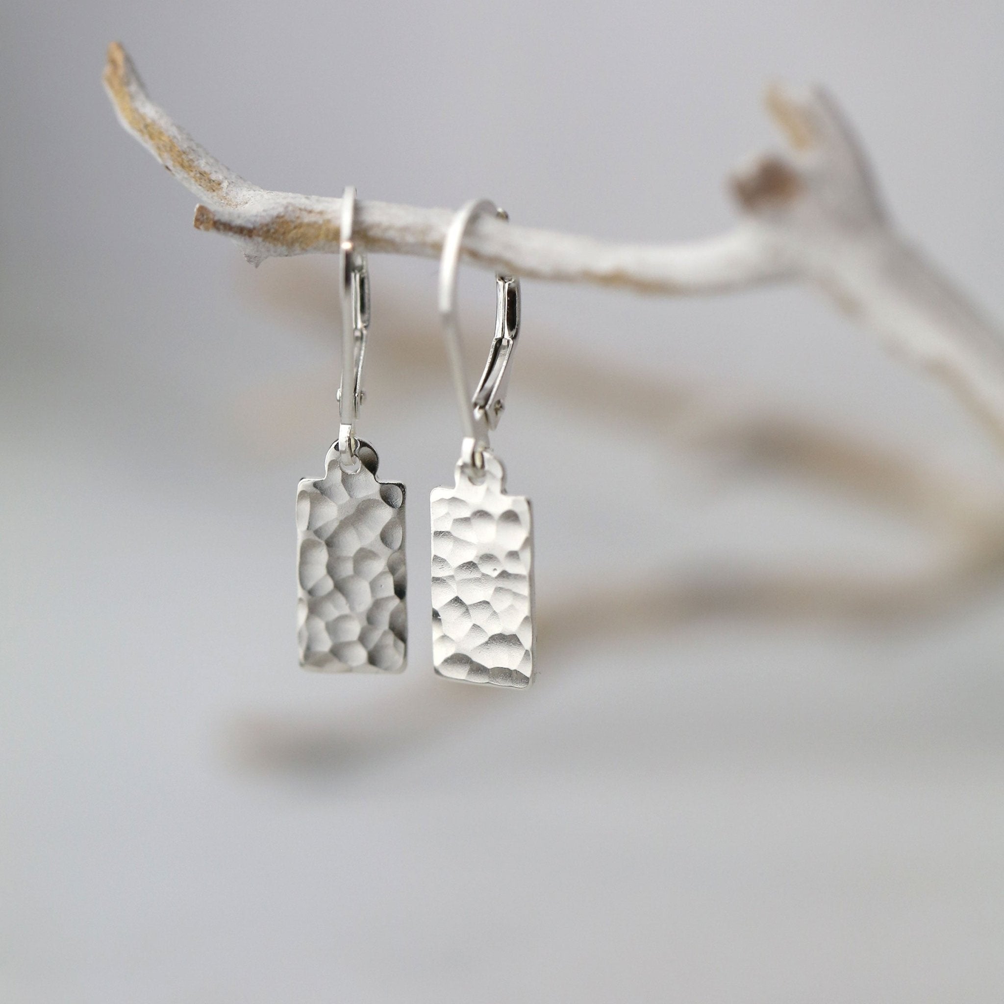 Hammered Silver Mini Tag Lever-back Earrings