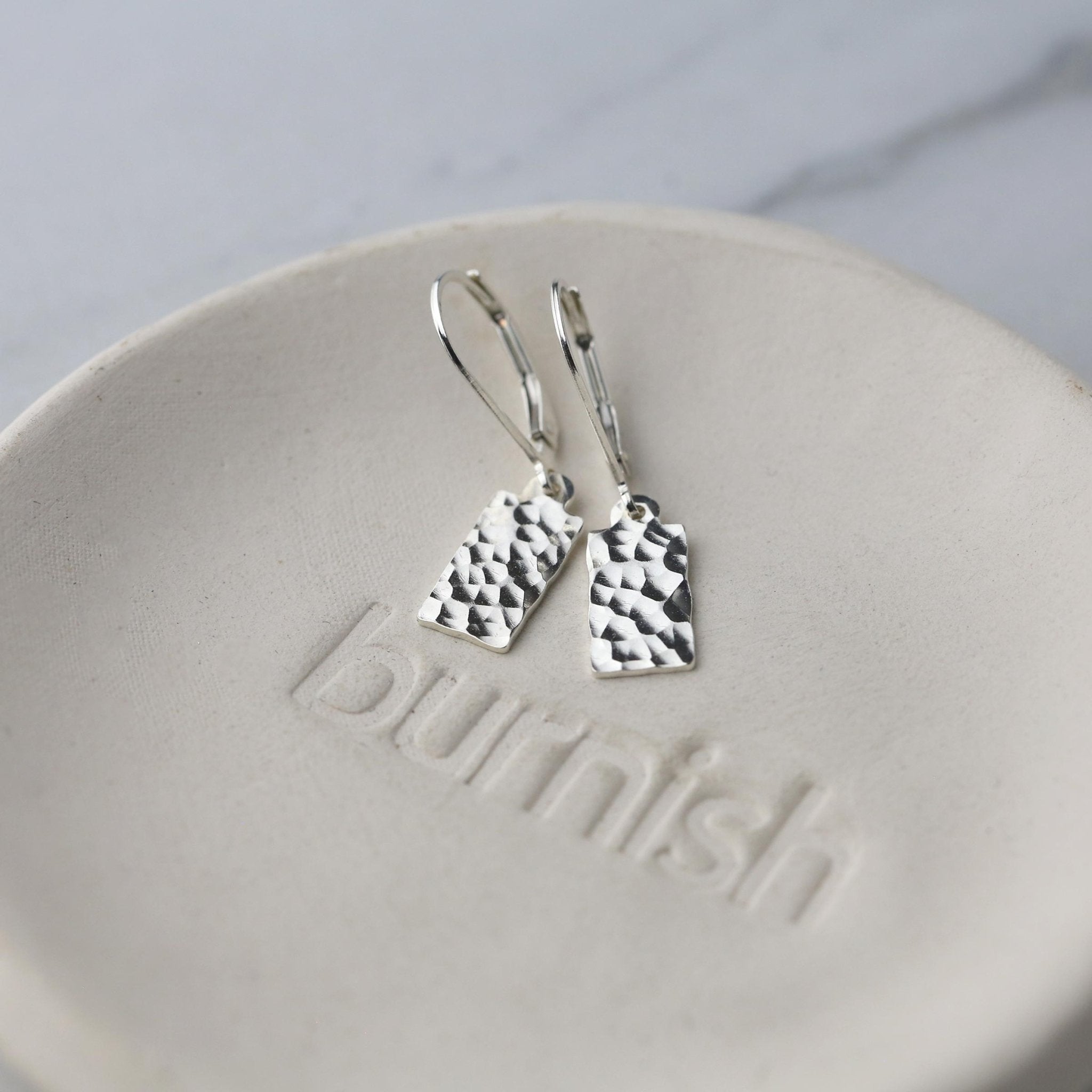 Hammered Silver Mini Tag Lever-back Earrings handmade by Burnish