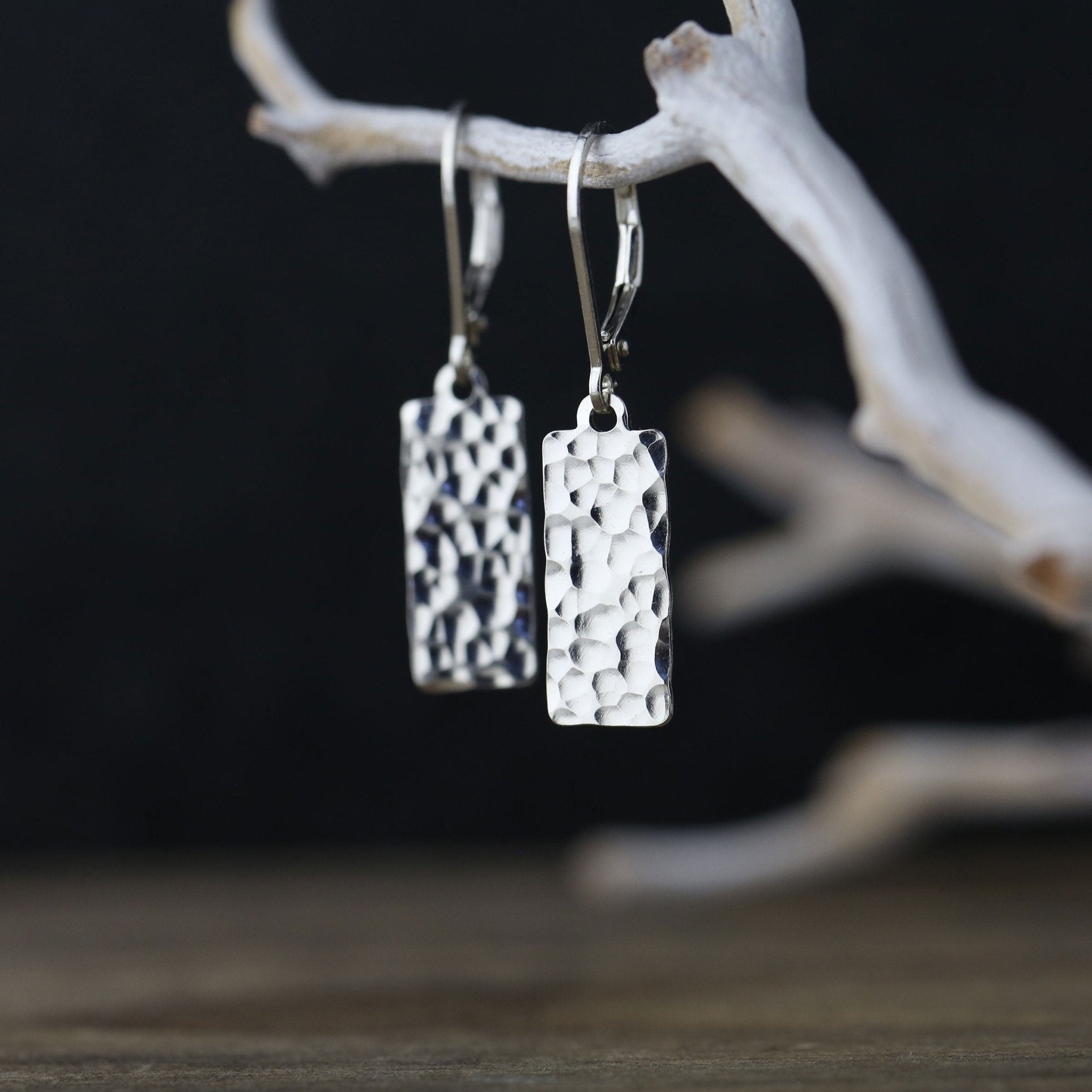 Hammered Silver Tag Lever-back Earrings