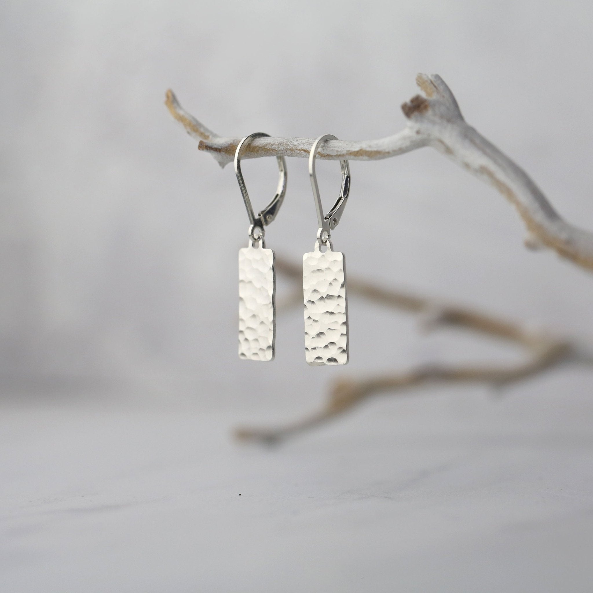Hammered Silver Tag Lever-back Earrings