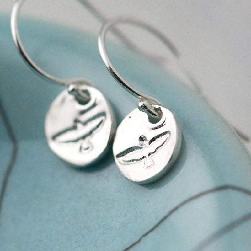 Hand Stamped Bird Earrings - Handmade Jewelry by Burnish