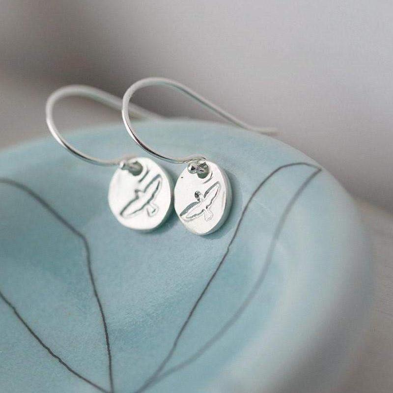 Hand Stamped Bird Earrings - Handmade Jewelry by Burnish