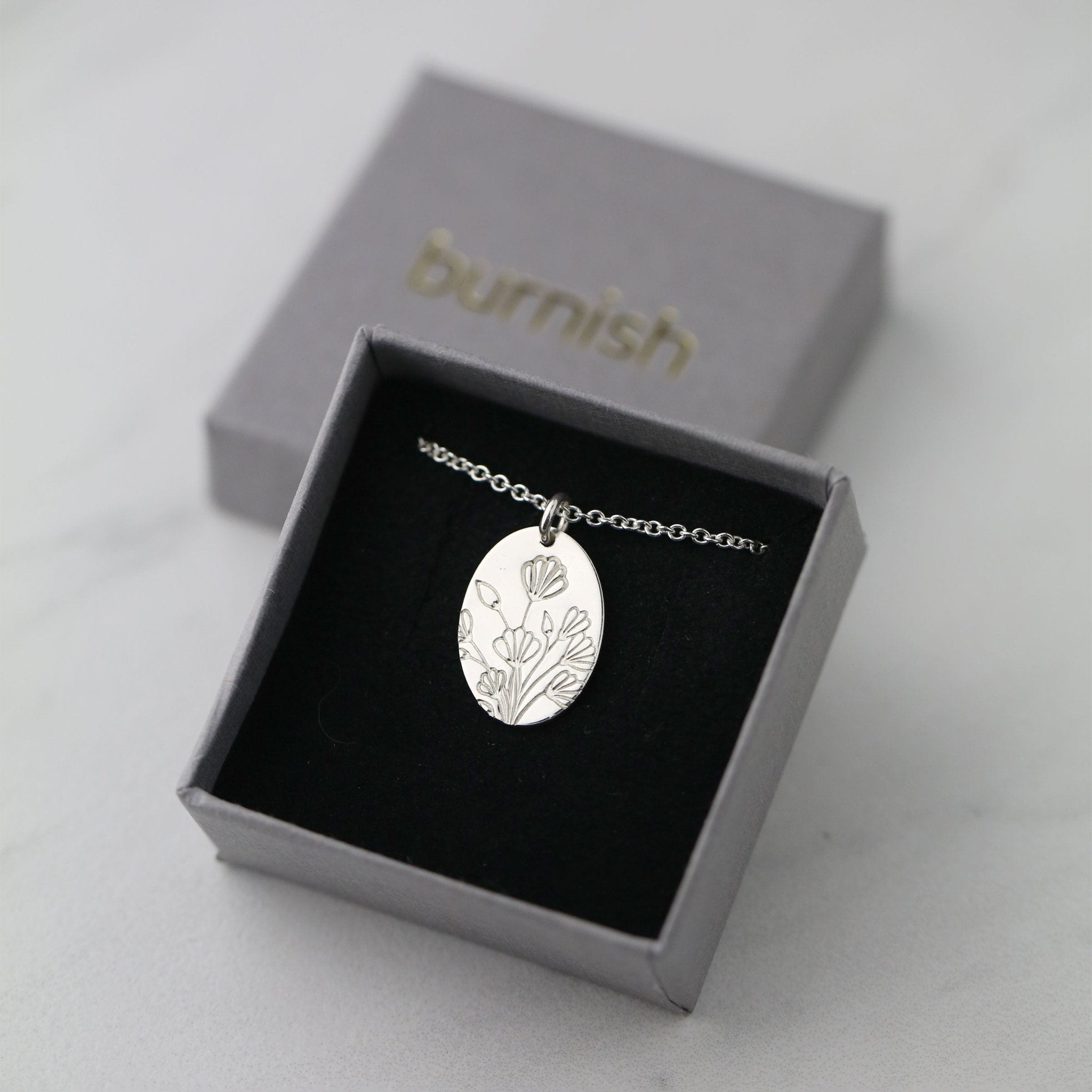 Hand Stamped Floral Oval Necklace handmade by Burnish