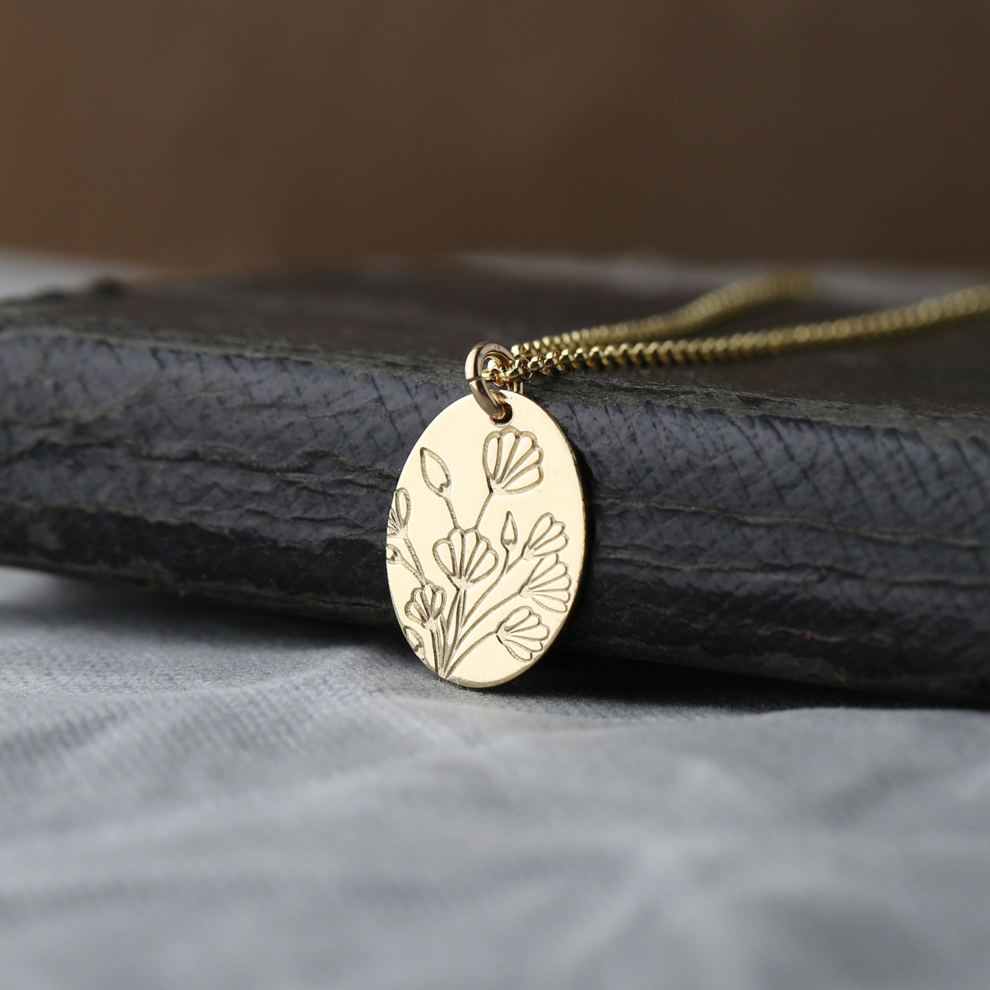 Hand Stamped Floral Oval Necklace handmade by Burnish