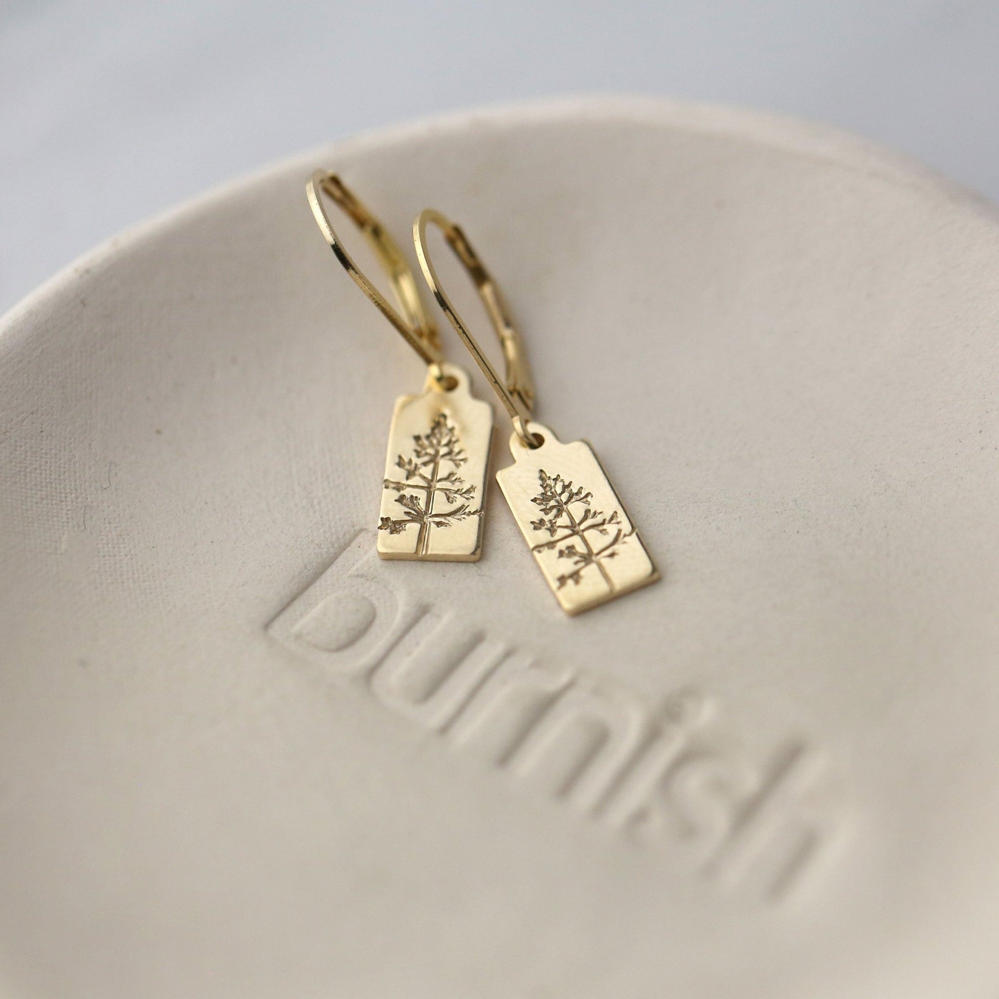 Hand Stamped Gold Tree Lever-back Earrings