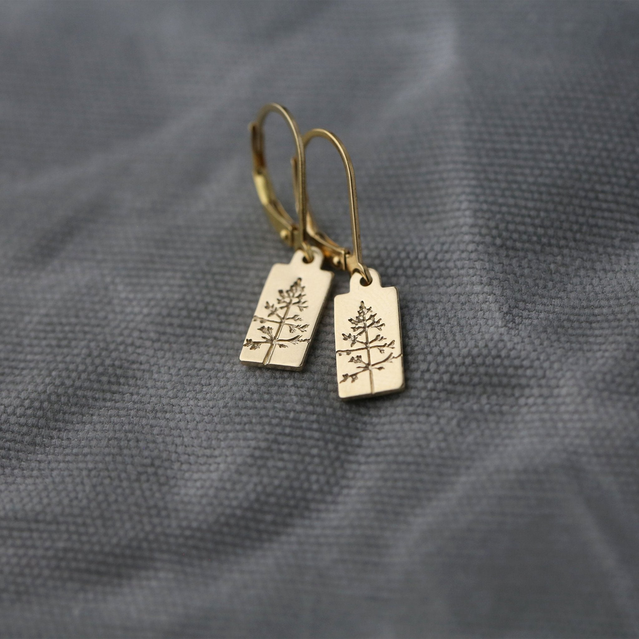 Hand Stamped Gold Tree Lever-back Earrings