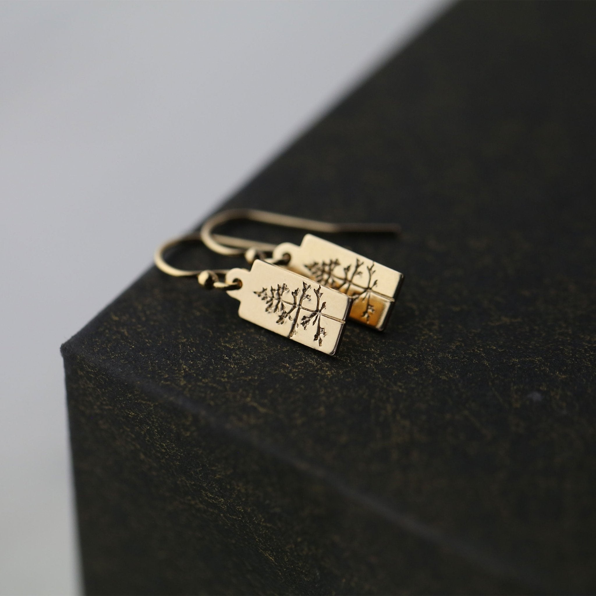 Hand Stamped Gold Tree Tag Earrings