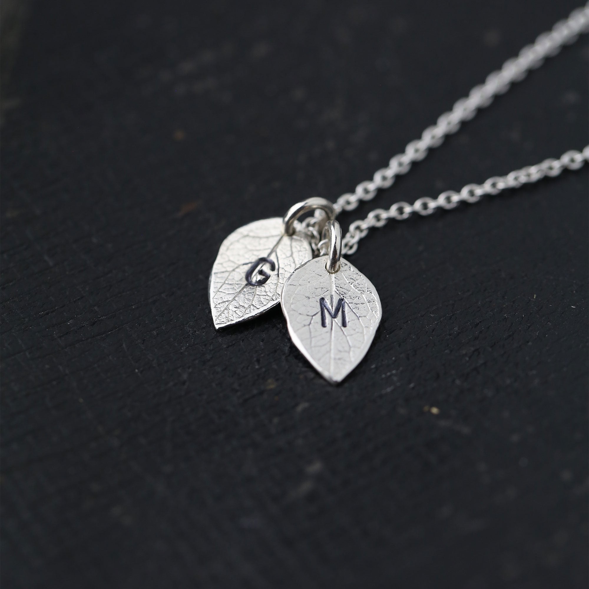 Hand Stamped Initials Leaf Necklace - Handmade Jewelry by Burnish