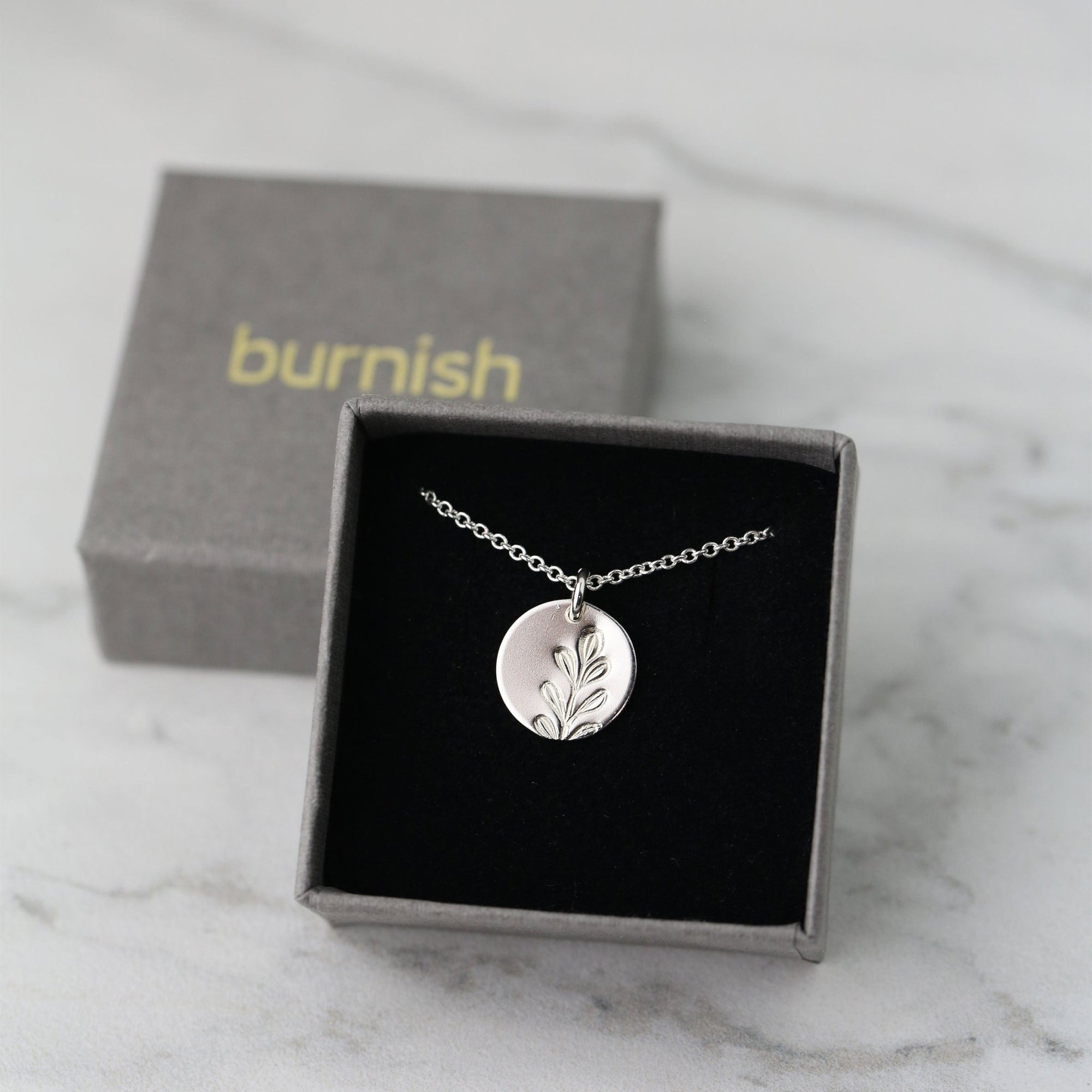 Hand Stamped Silver Botanical Disc Necklace