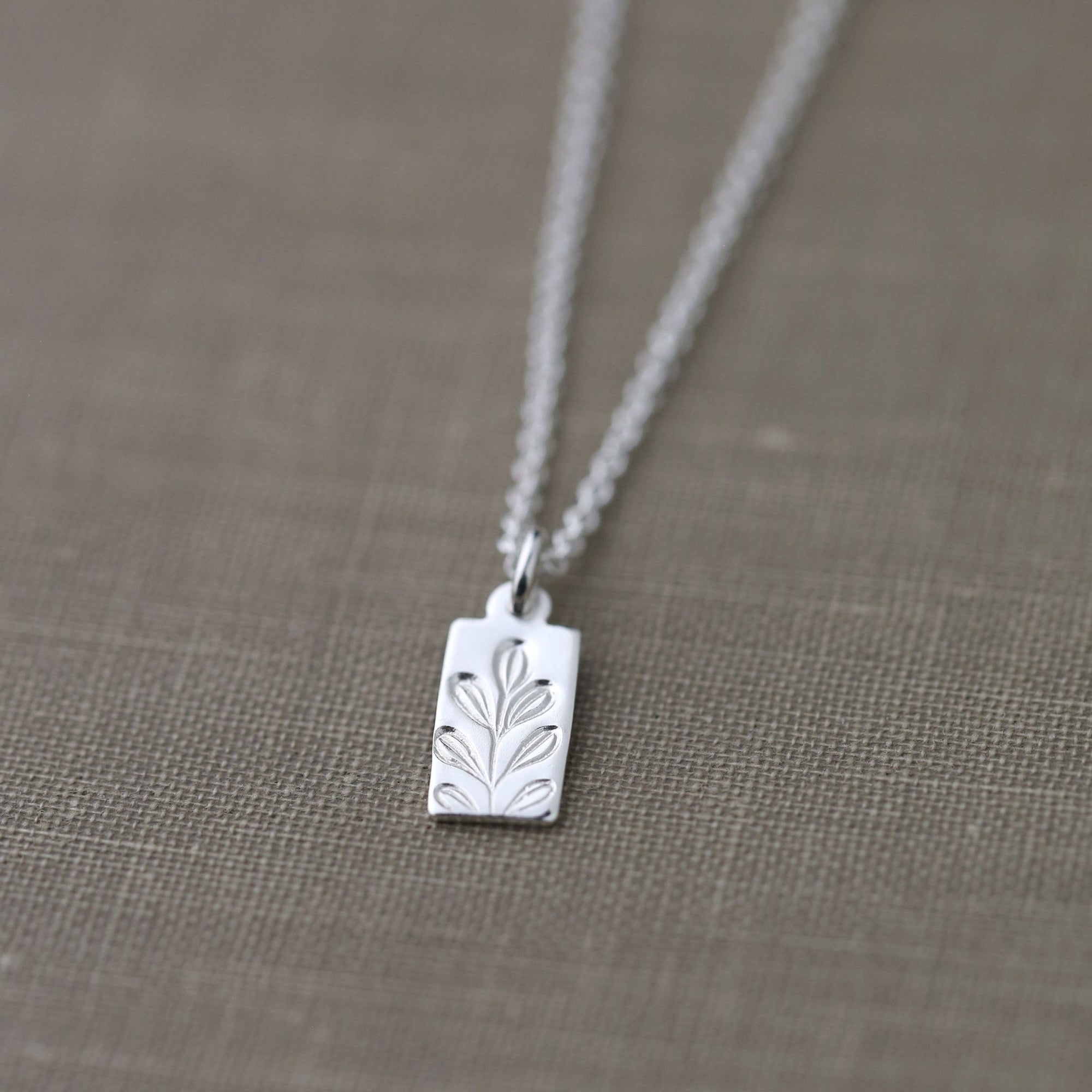 Hand Stamped Silver Botanical Tag Necklace