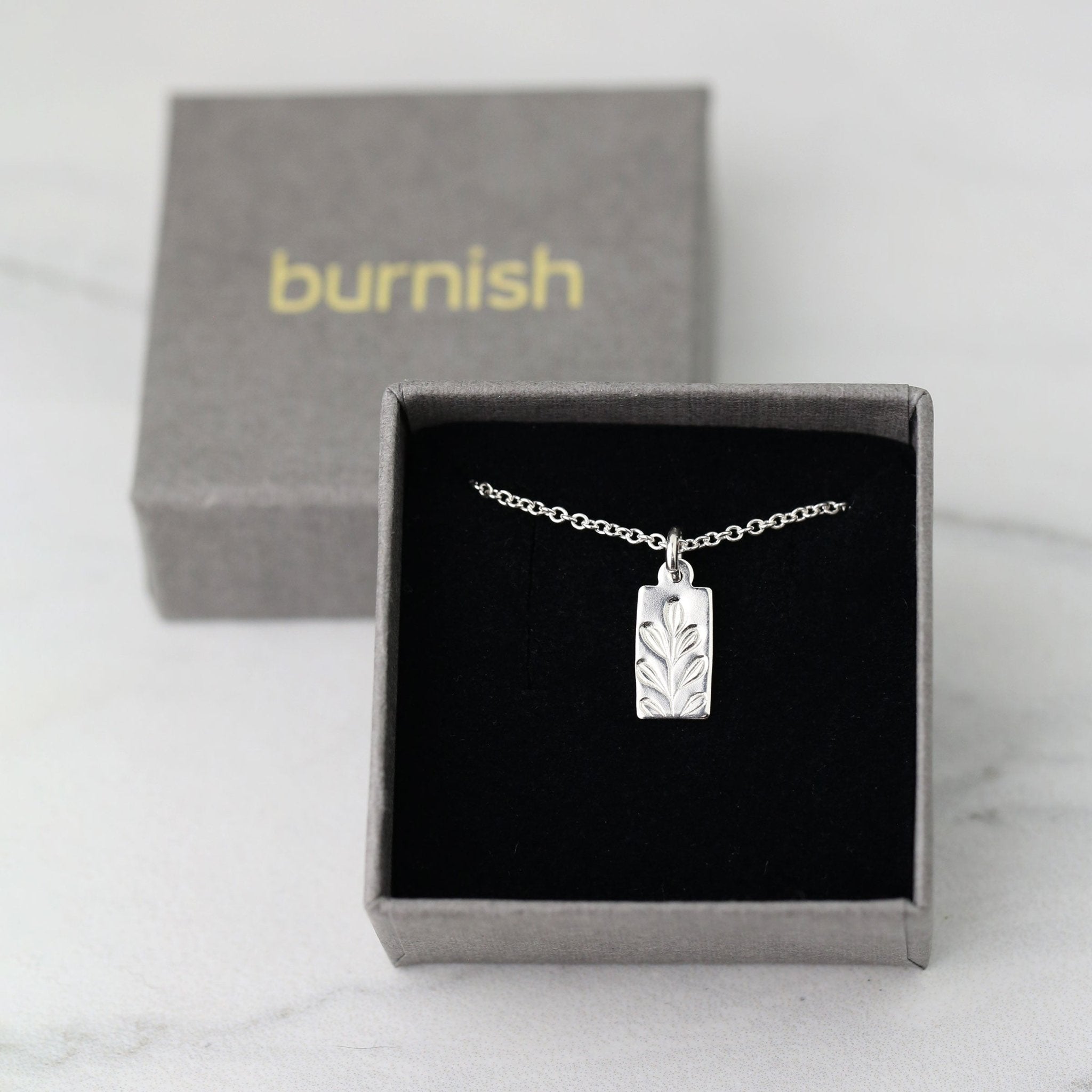 Hand Stamped Silver Botanical Tag Necklace