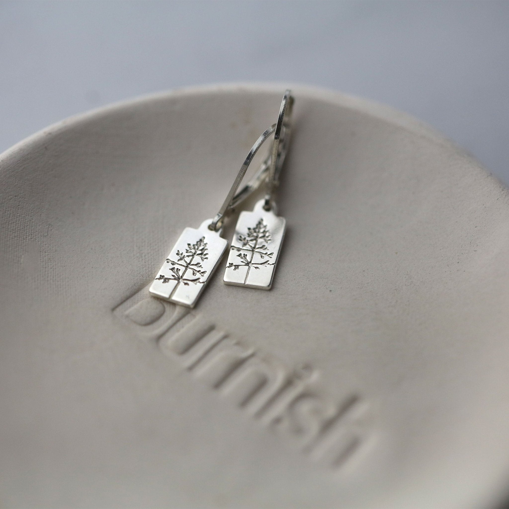Hand Stamped Silver Tree Lever-back Earrings