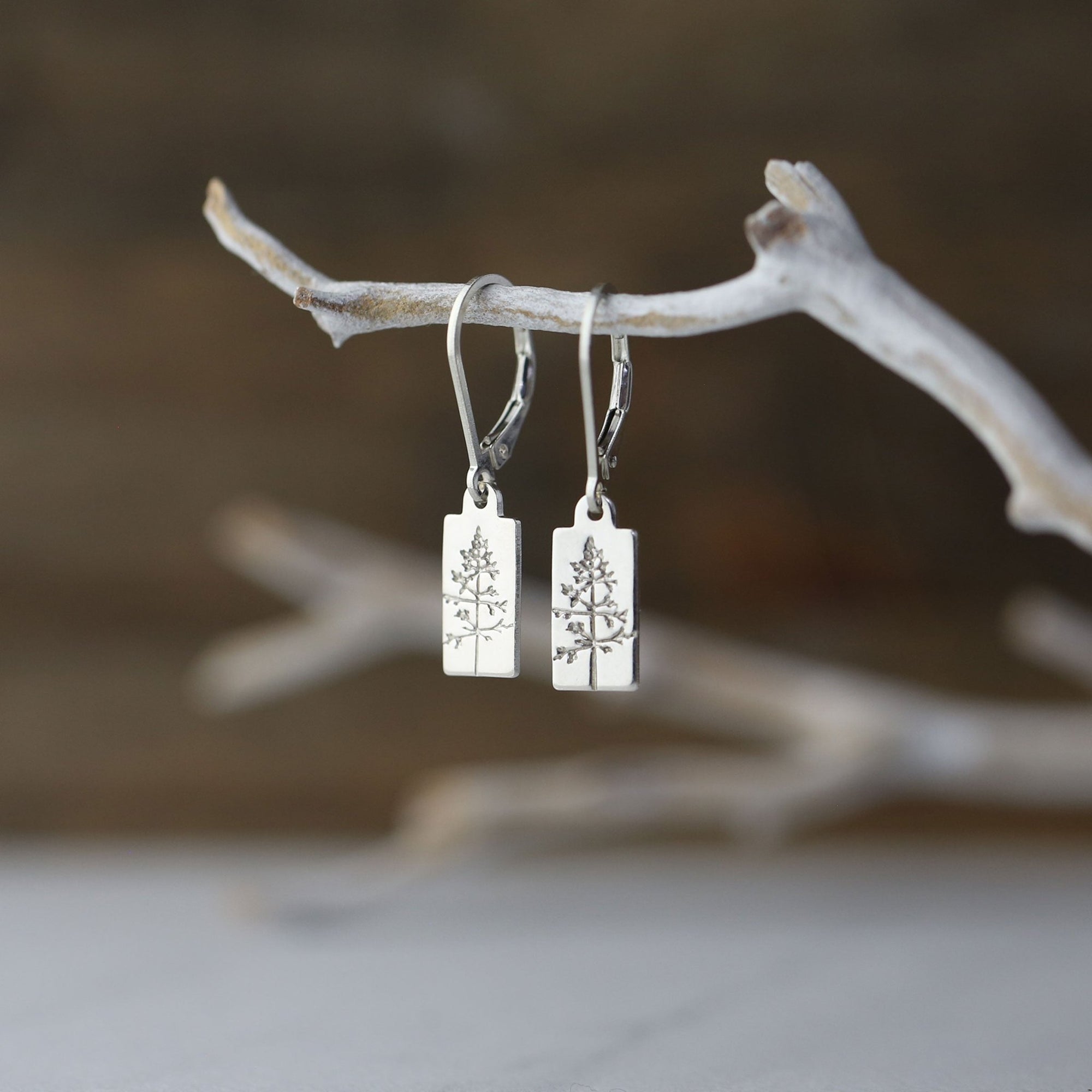 Hand Stamped Silver Tree Lever-back Earrings