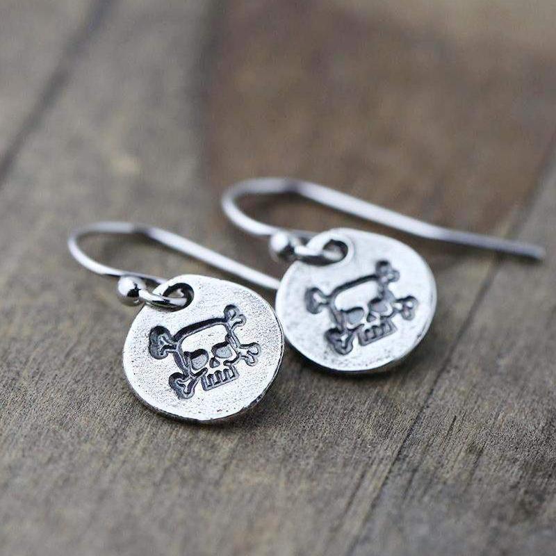 Hand Stamped Skull &amp; Crossbone Earrings - Handmade Jewelry by Burnish