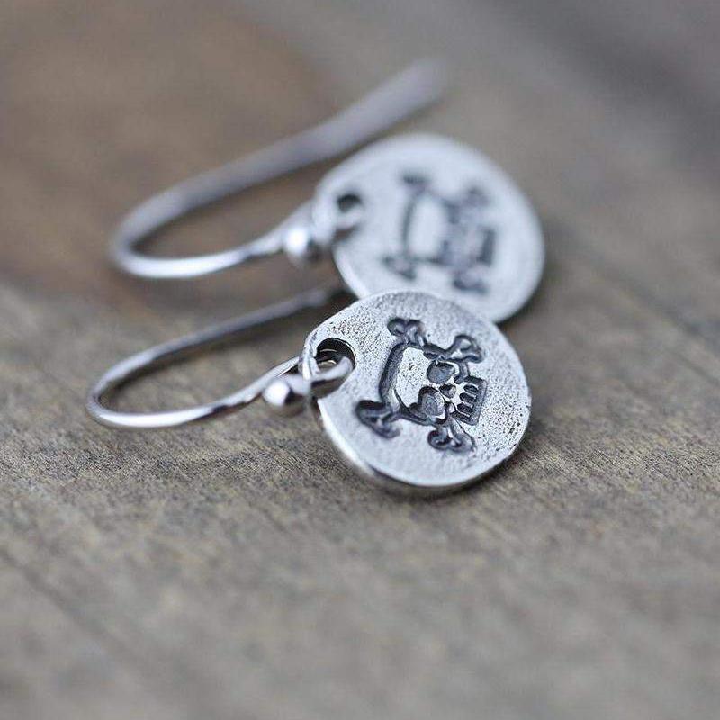 Hand Stamped Skull & Crossbone Earrings - Handmade Jewelry by Burnish