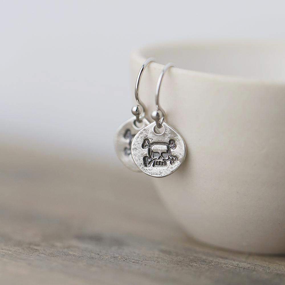 Hand Stamped Skull &amp; Crossbone Earrings - Handmade Jewelry by Burnish