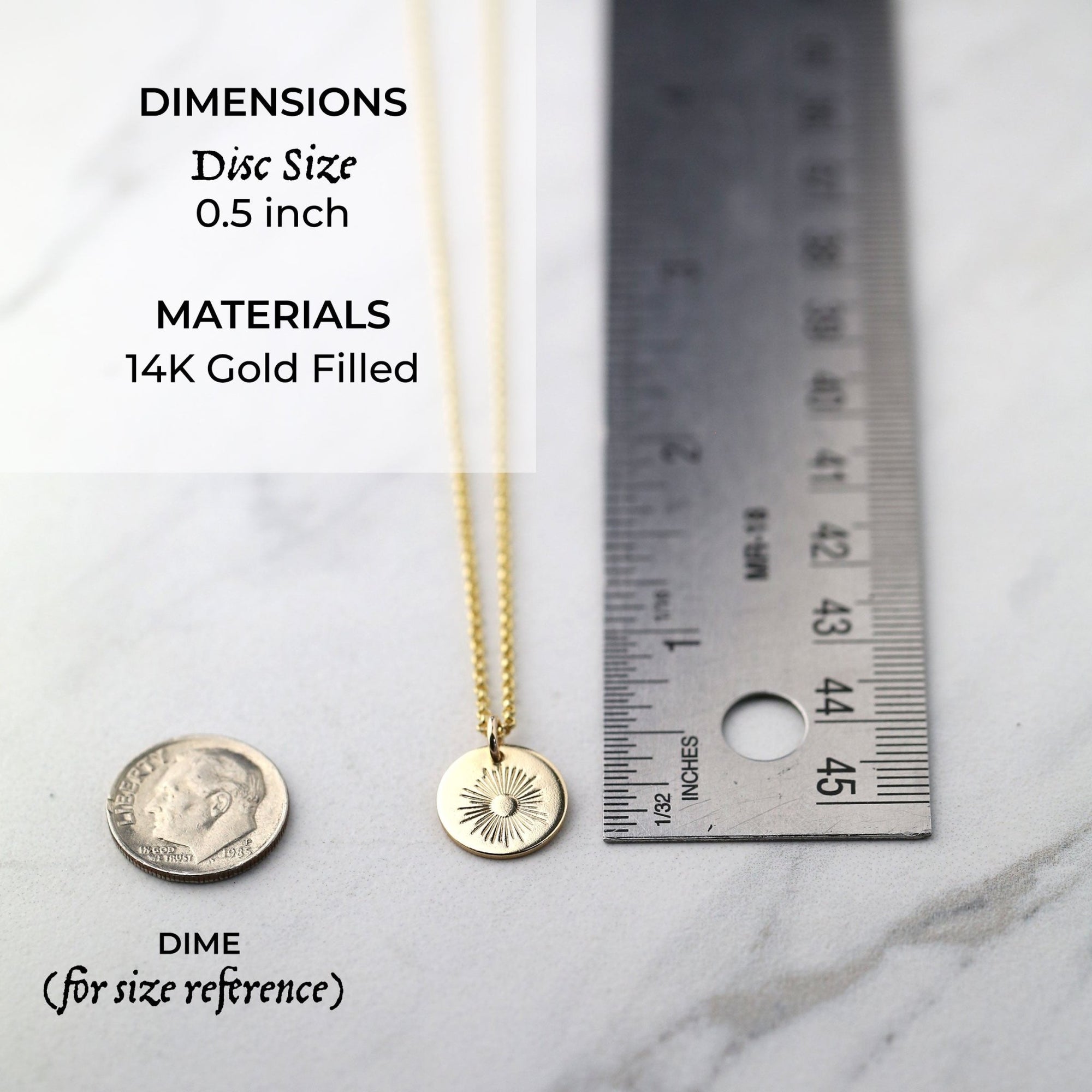Gold filled necklace pendant dimensions are 0.5 inch.