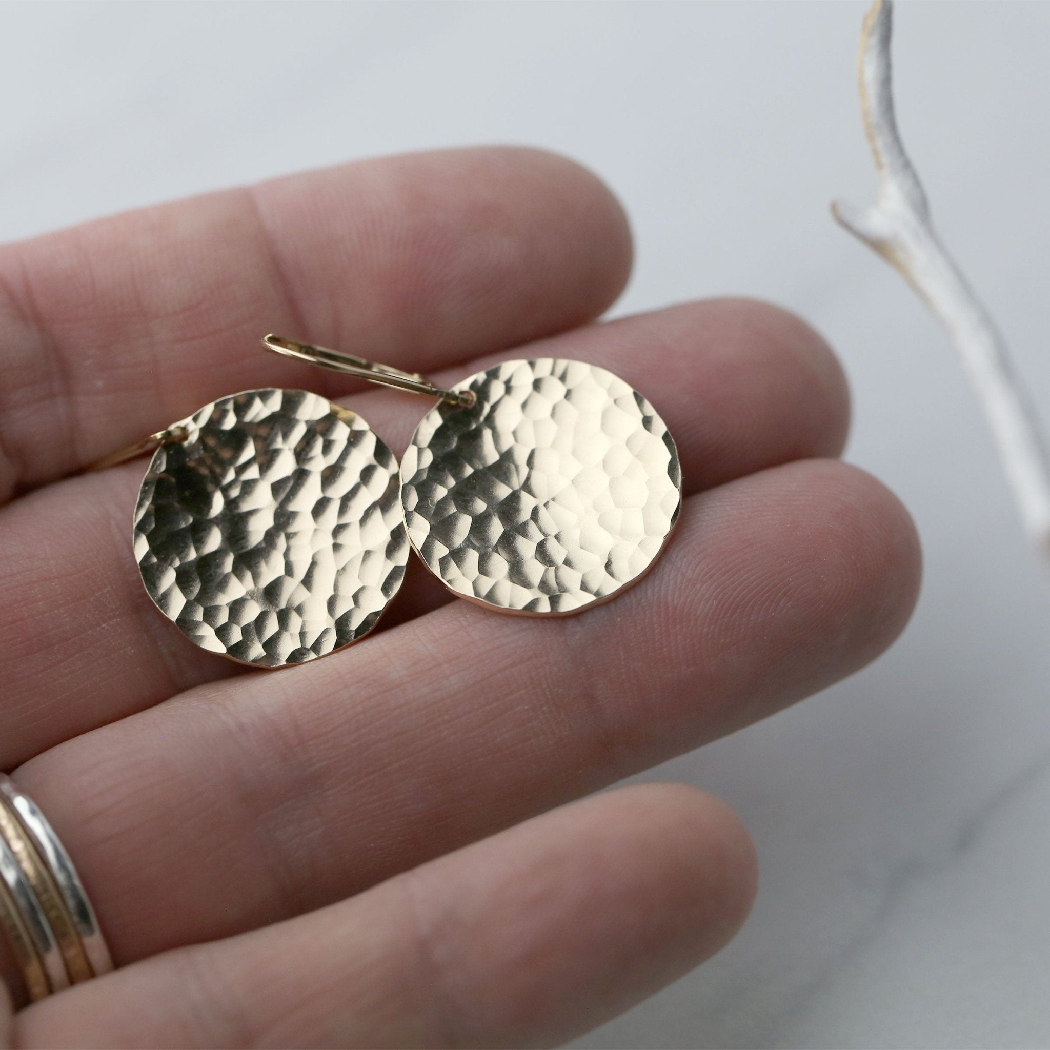 Large Hammered Gold Disc Lever-back Earrings