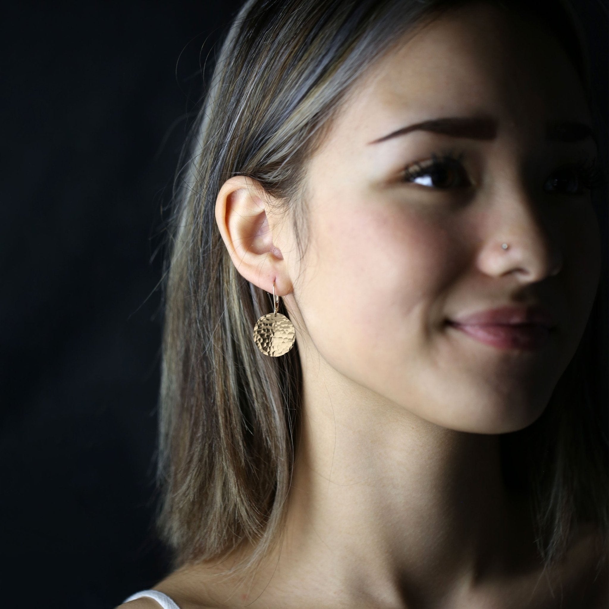 Large Hammered Gold Disc Lever-back Earrings