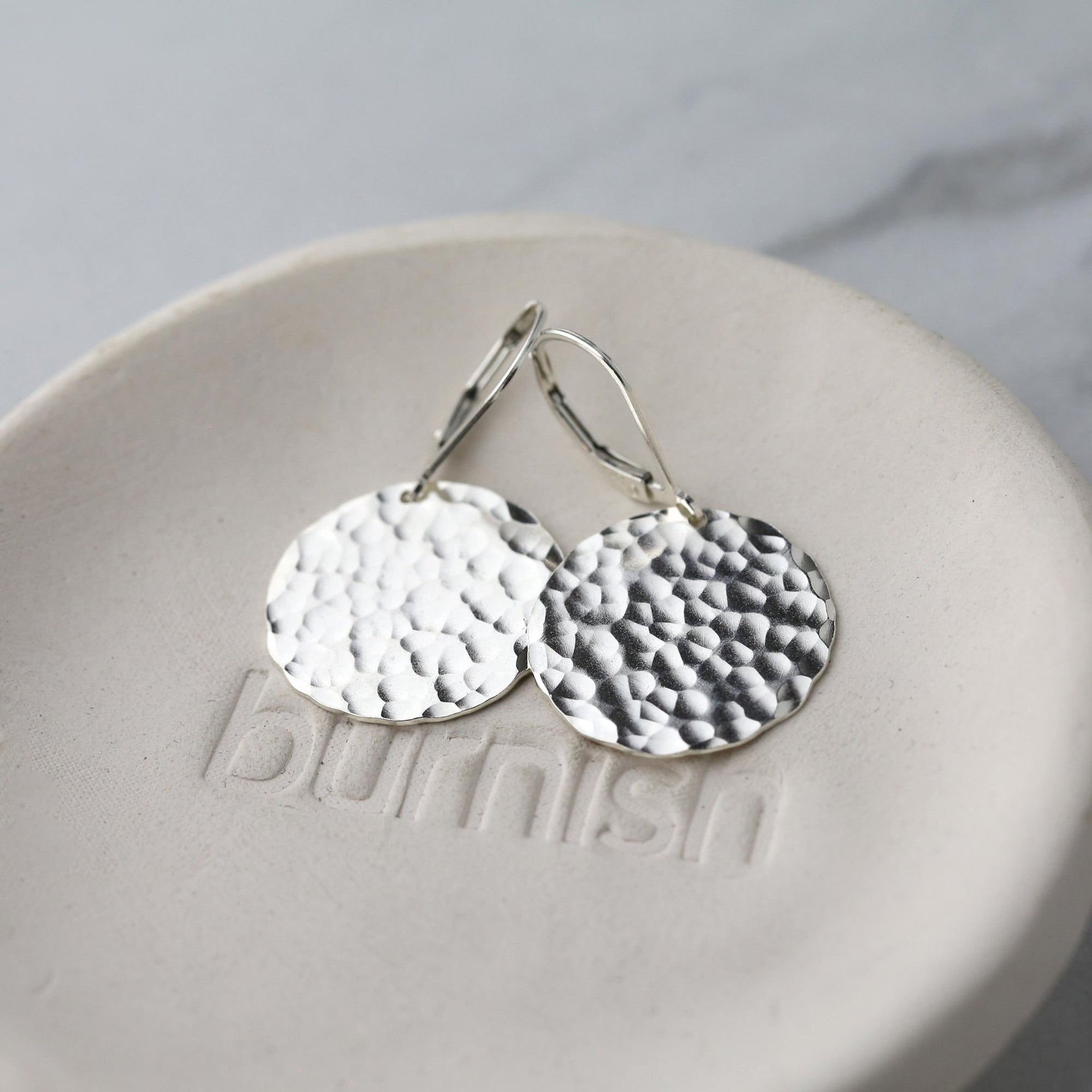 Large Hammered Silver Disc Earrings handmade by Burnish