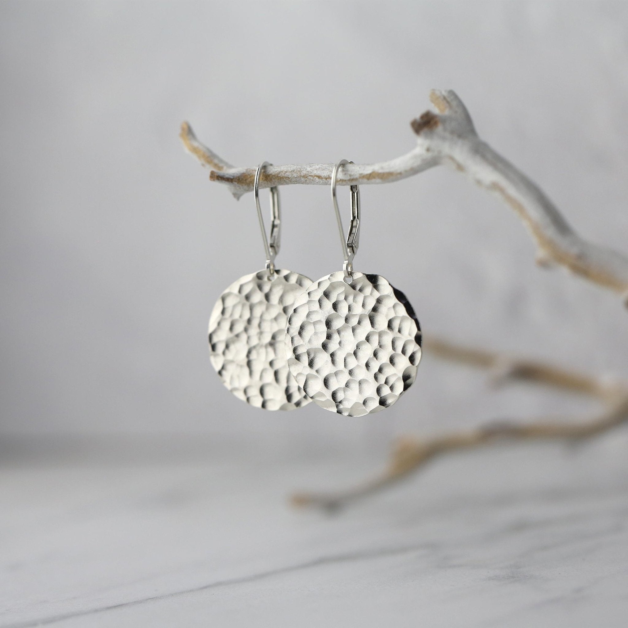 Large Hammered Silver Disc Earrings handmade by Burnish