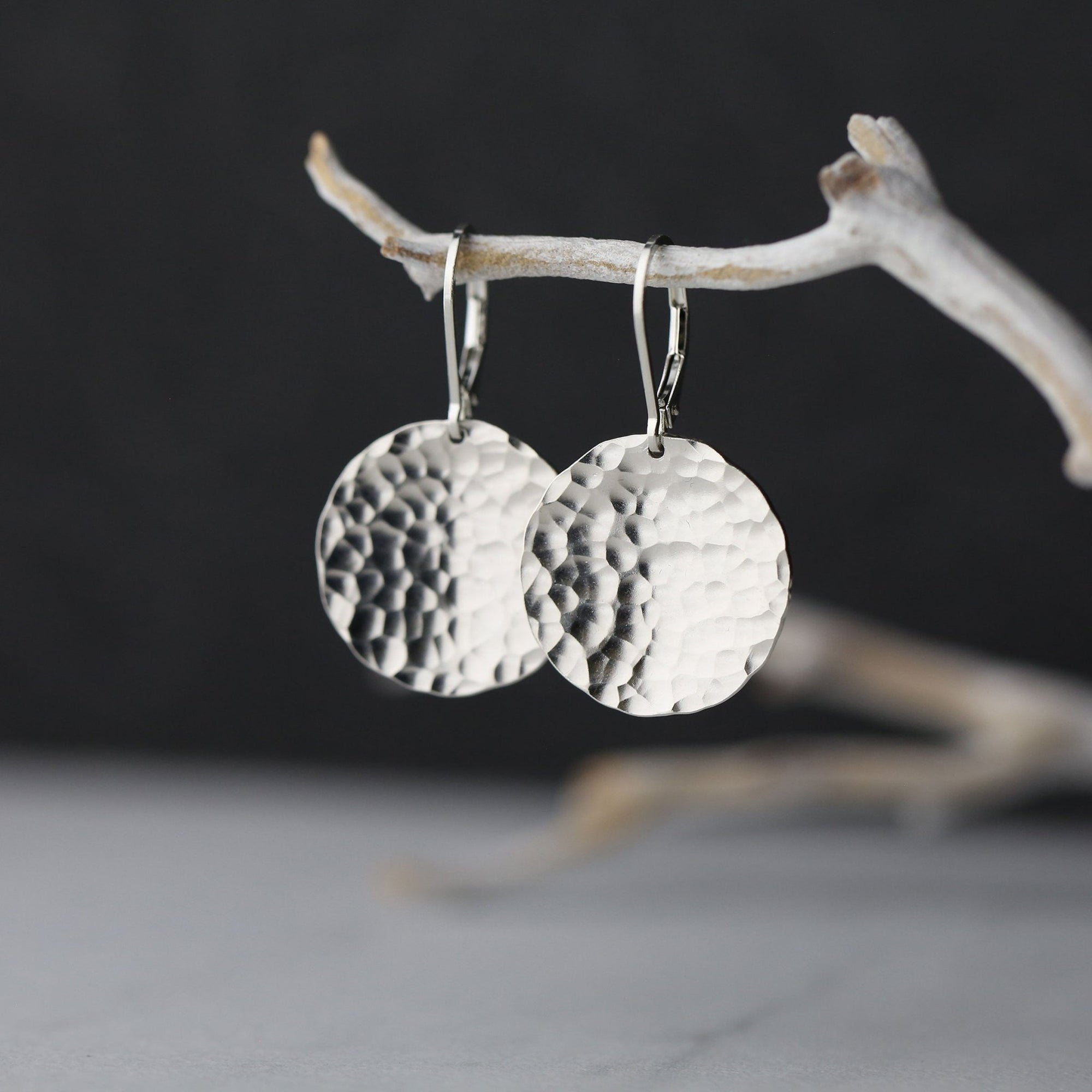 Large Hammered Silver Disc Lever-back Earrings