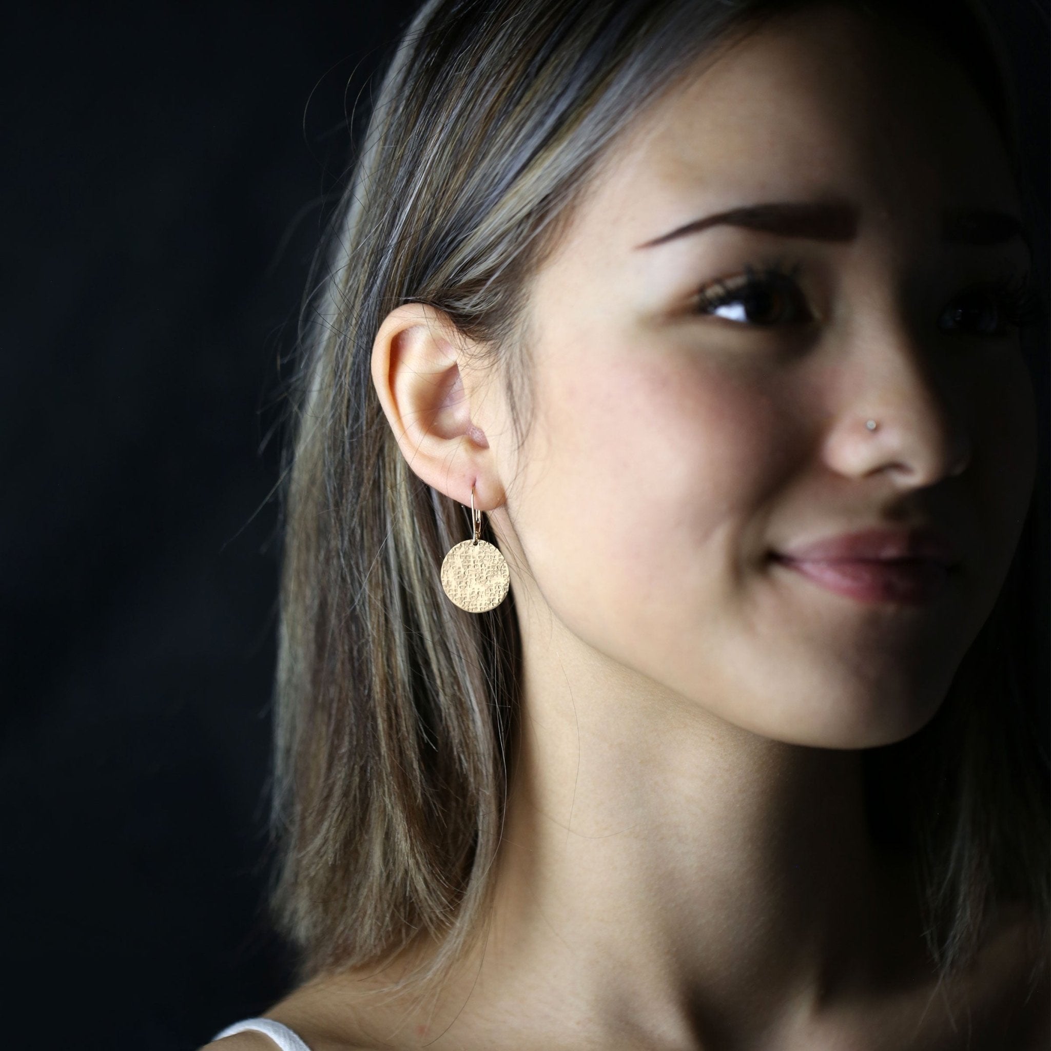 Large Raw Silk Texture Gold Disc Lever-back Earrings