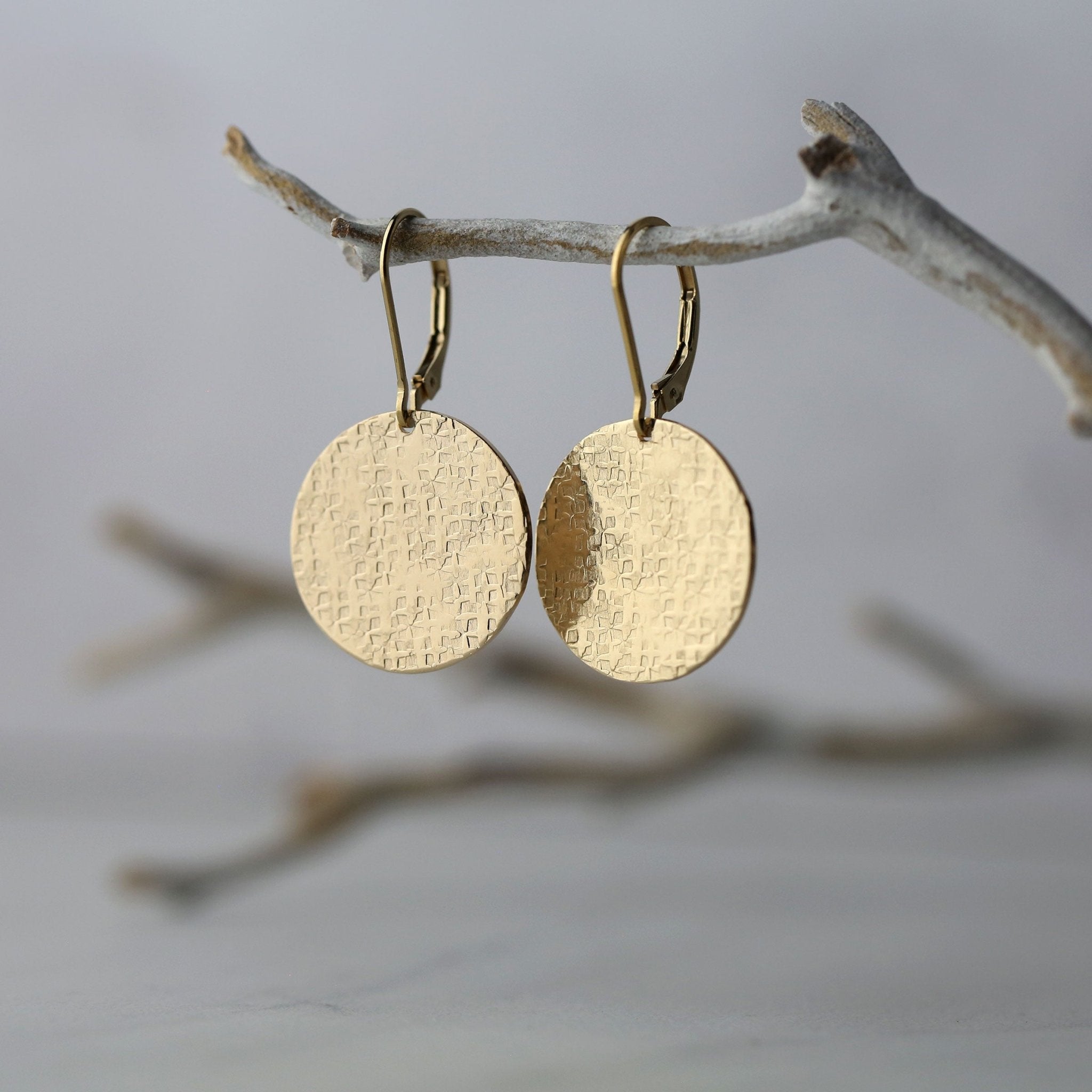 Large Raw Silk Texture Gold Disc Lever-back Earrings