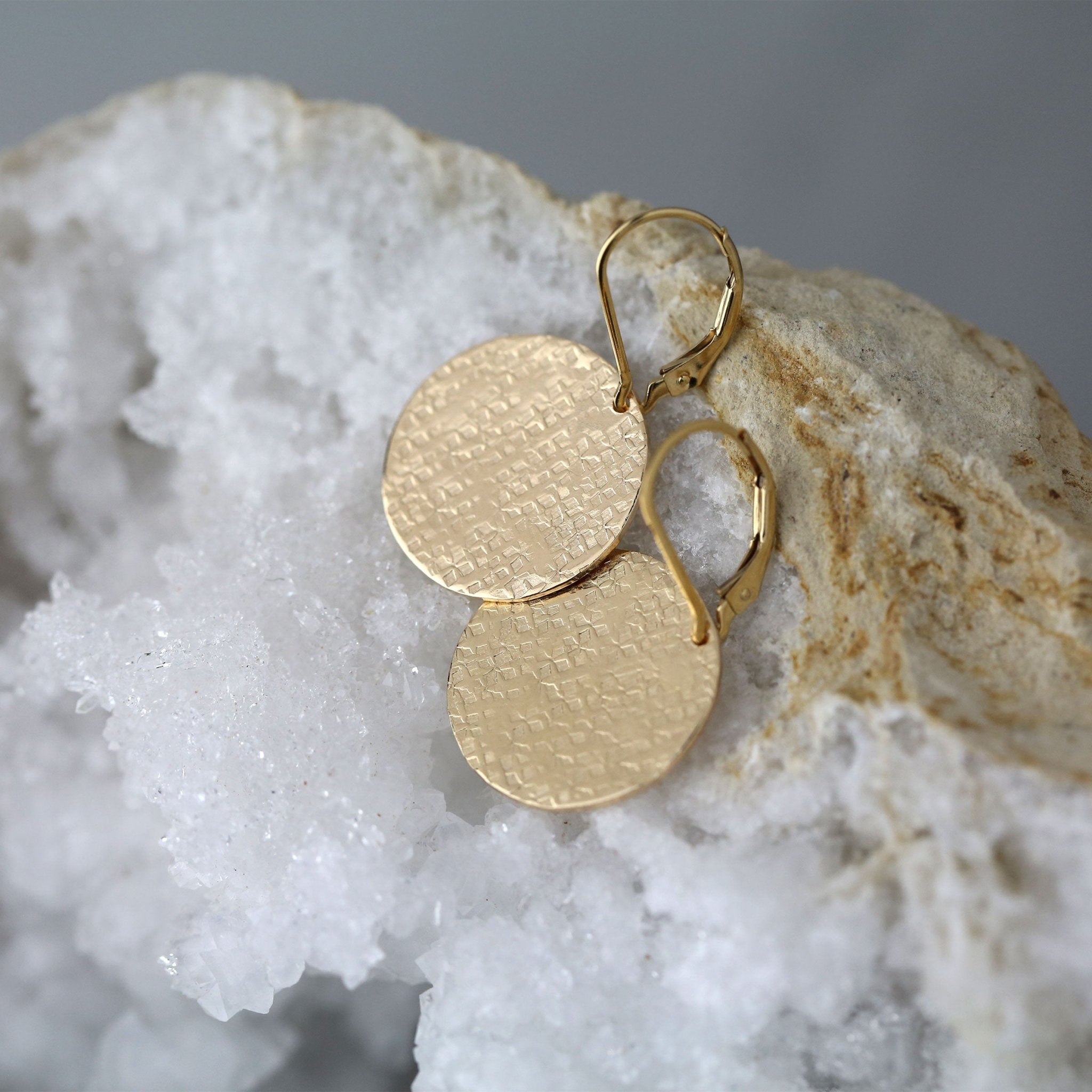 Large Raw Silk Texture Gold Disc Lever-back Earrings