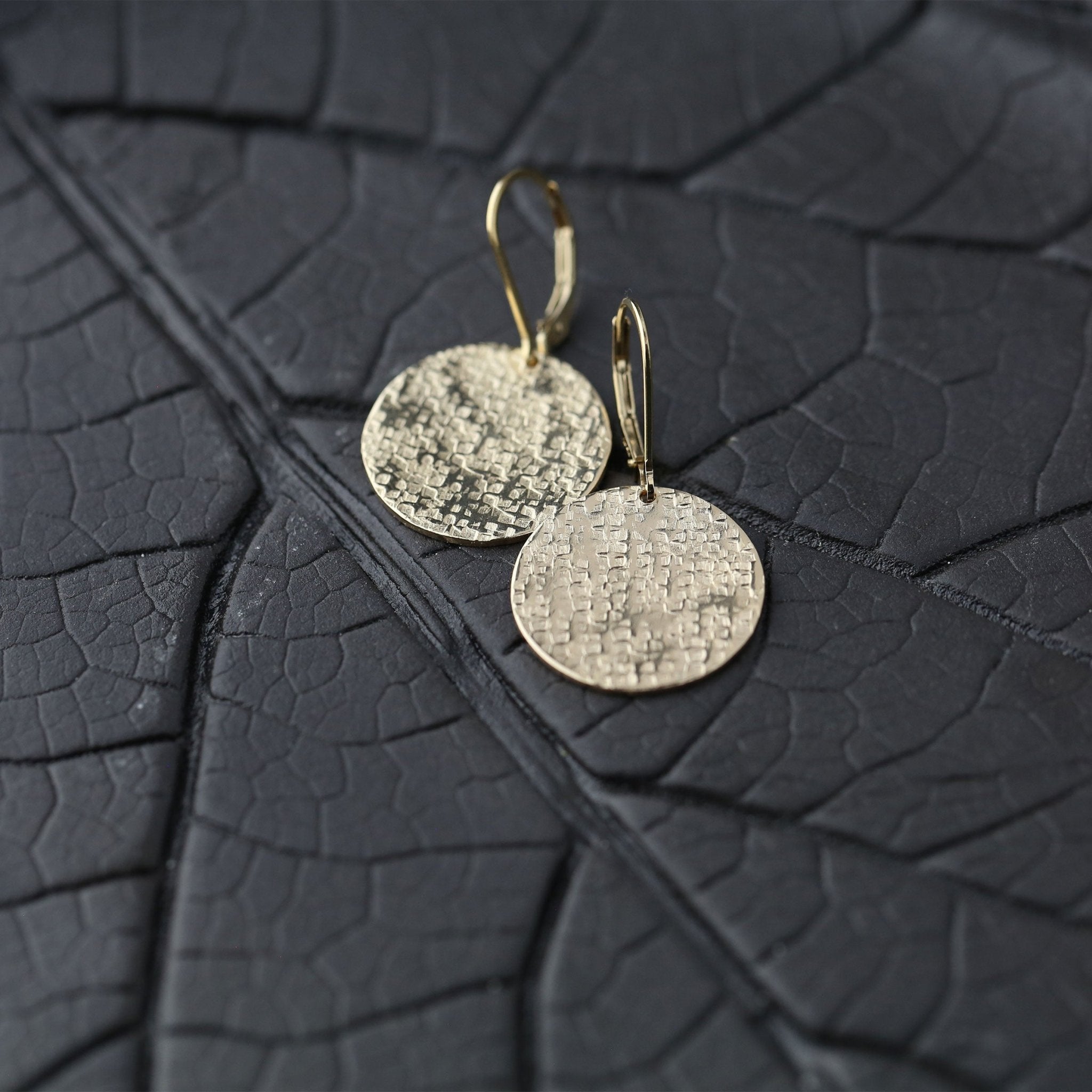 Large Raw Silk Texture Gold Disc Lever-back Earrings
