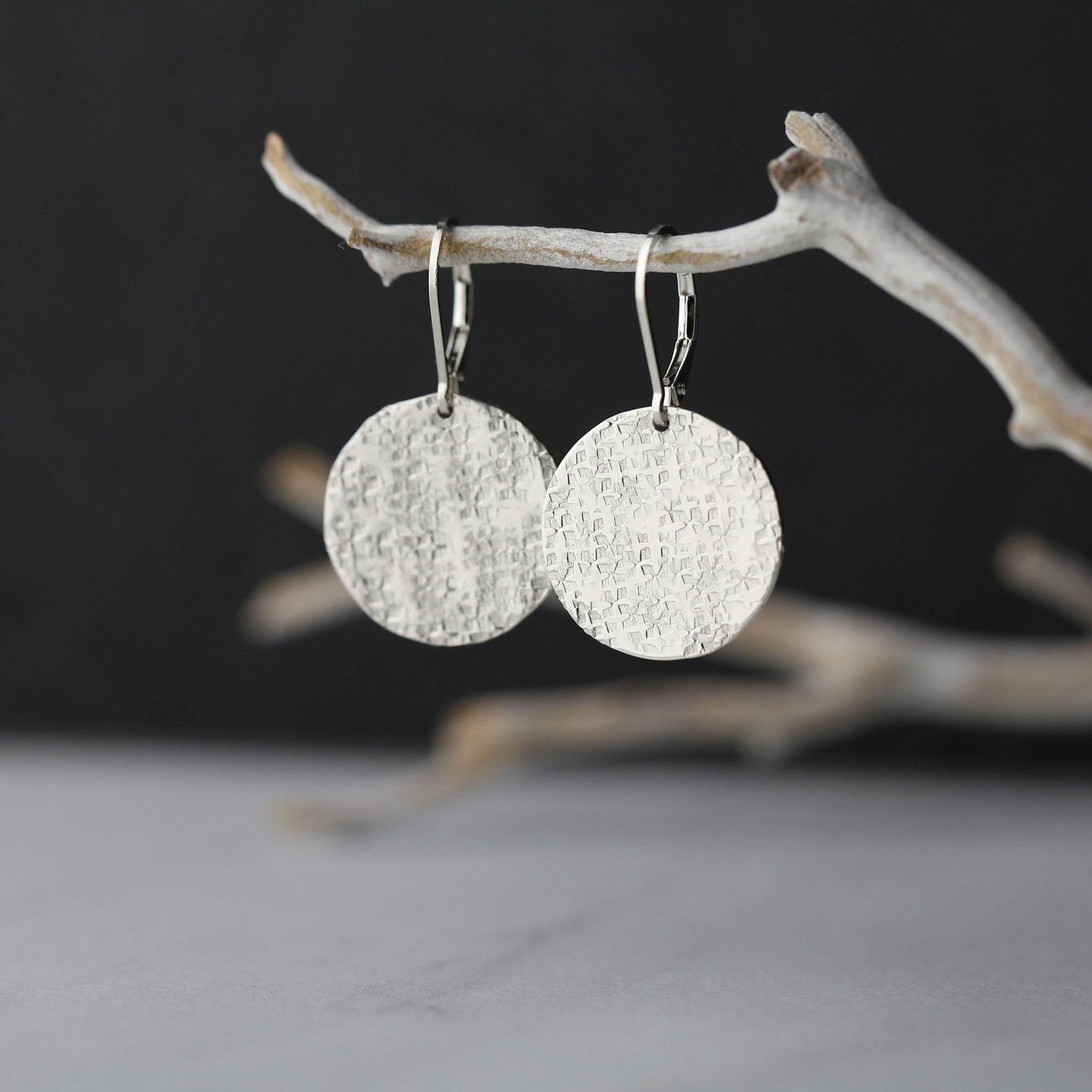 Large Raw Silk Texture Silver Disc Lever-back Earrings