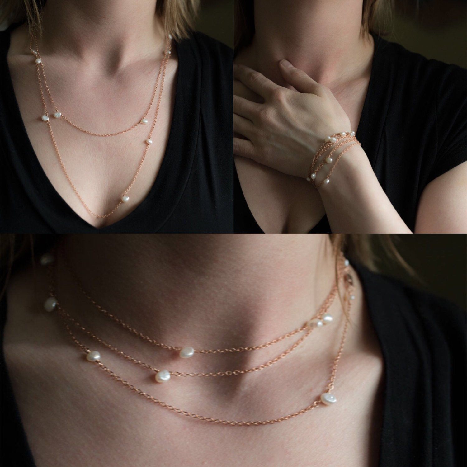 Long Rose Gold Pearl Necklace or Bracelet - Handmade Jewelry by Burnish