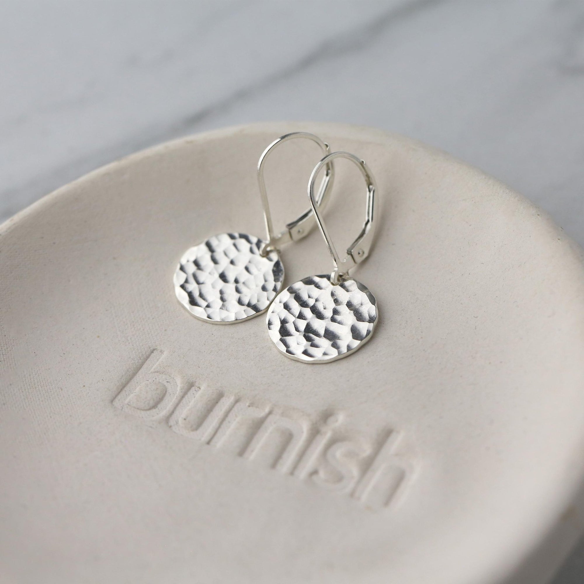 Medium Silver Hammered Disc Lever-back Earrings handmade by Burnish