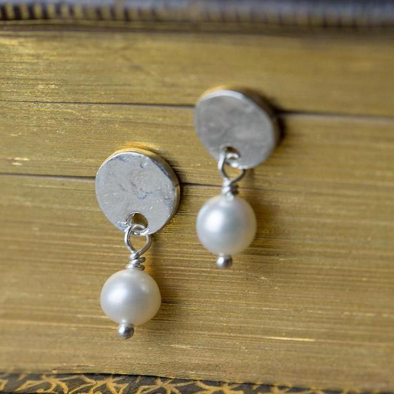ONLY 1 - Silver Post & Pearl Earrings - Handmade Jewelry by Burnish