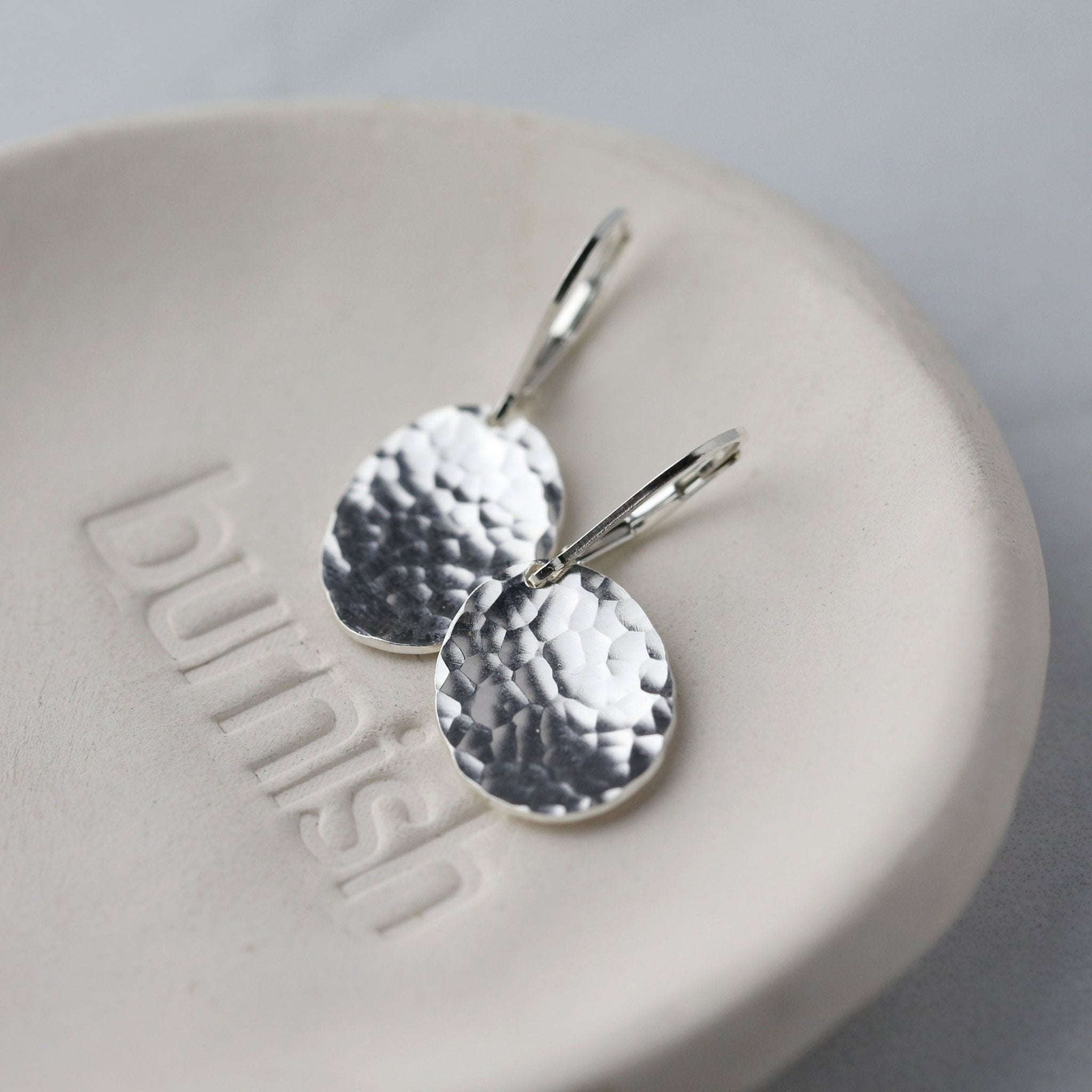 Oval Hammered Silver Disc Lever-back Earrings