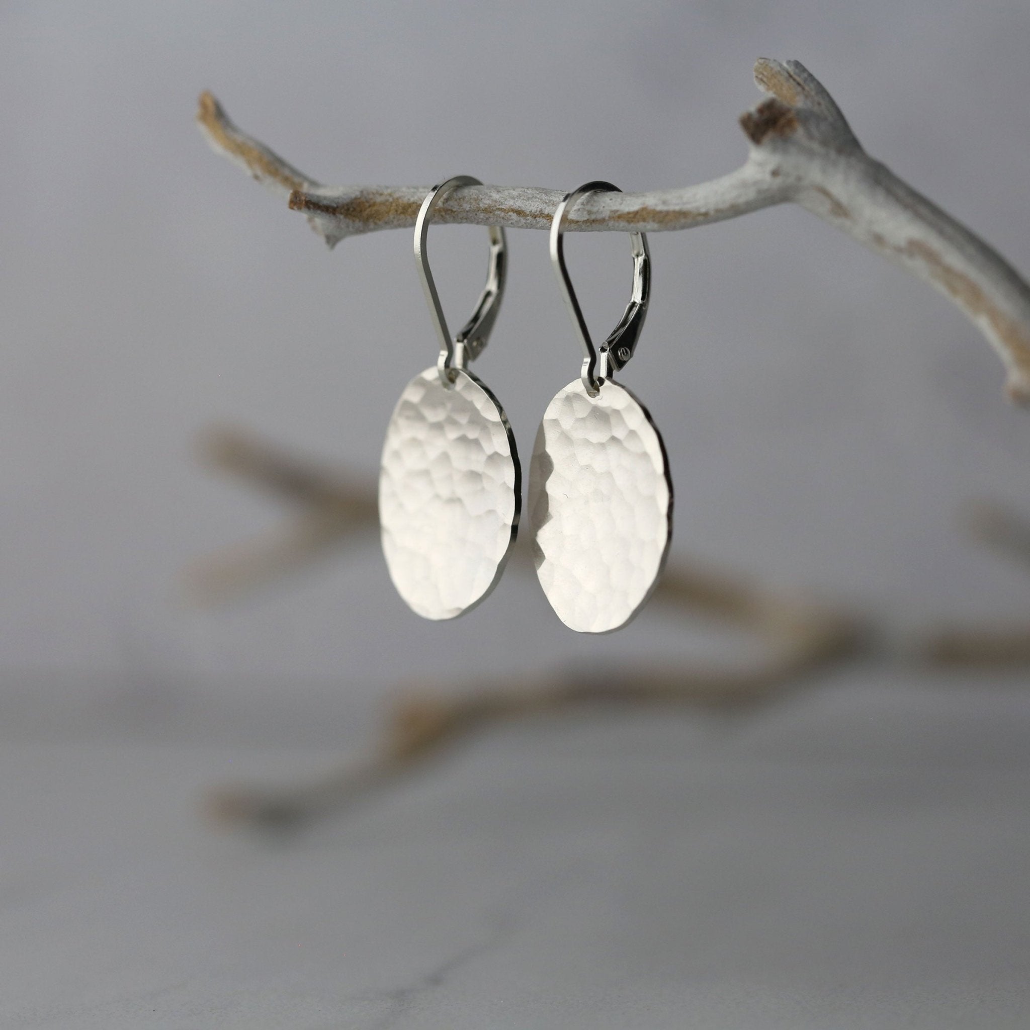 Oval Hammered Silver Disc Lever-back Earrings