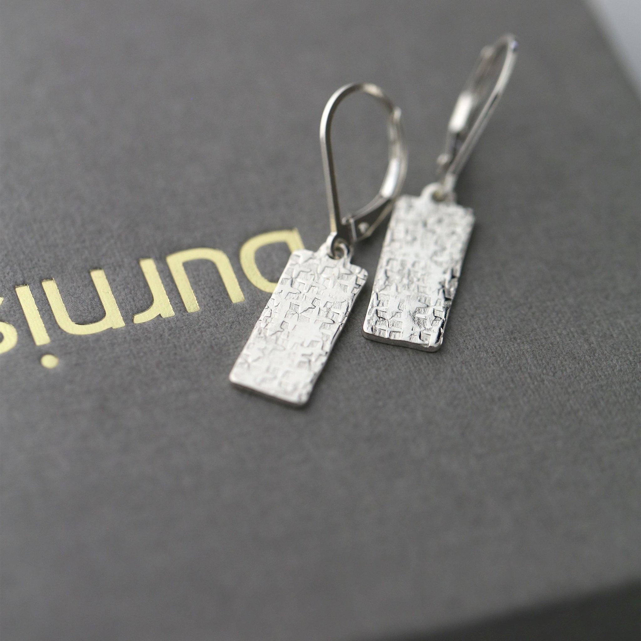 Raw Silk Textured Silver Tag Lever-back Earrings handmade by Burnish