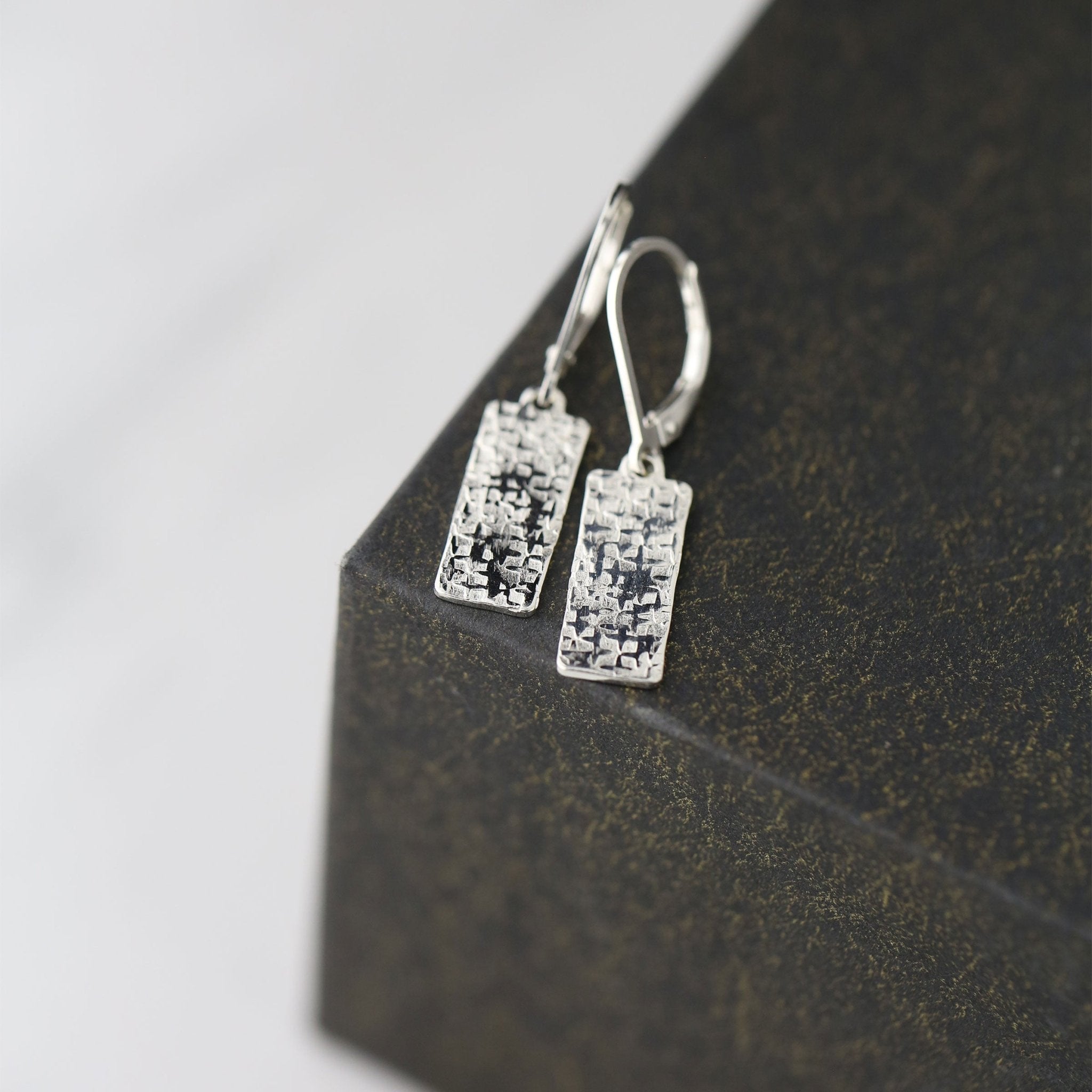 Raw Silk Textured Silver Tag Lever-back Earrings handmade by Burnish