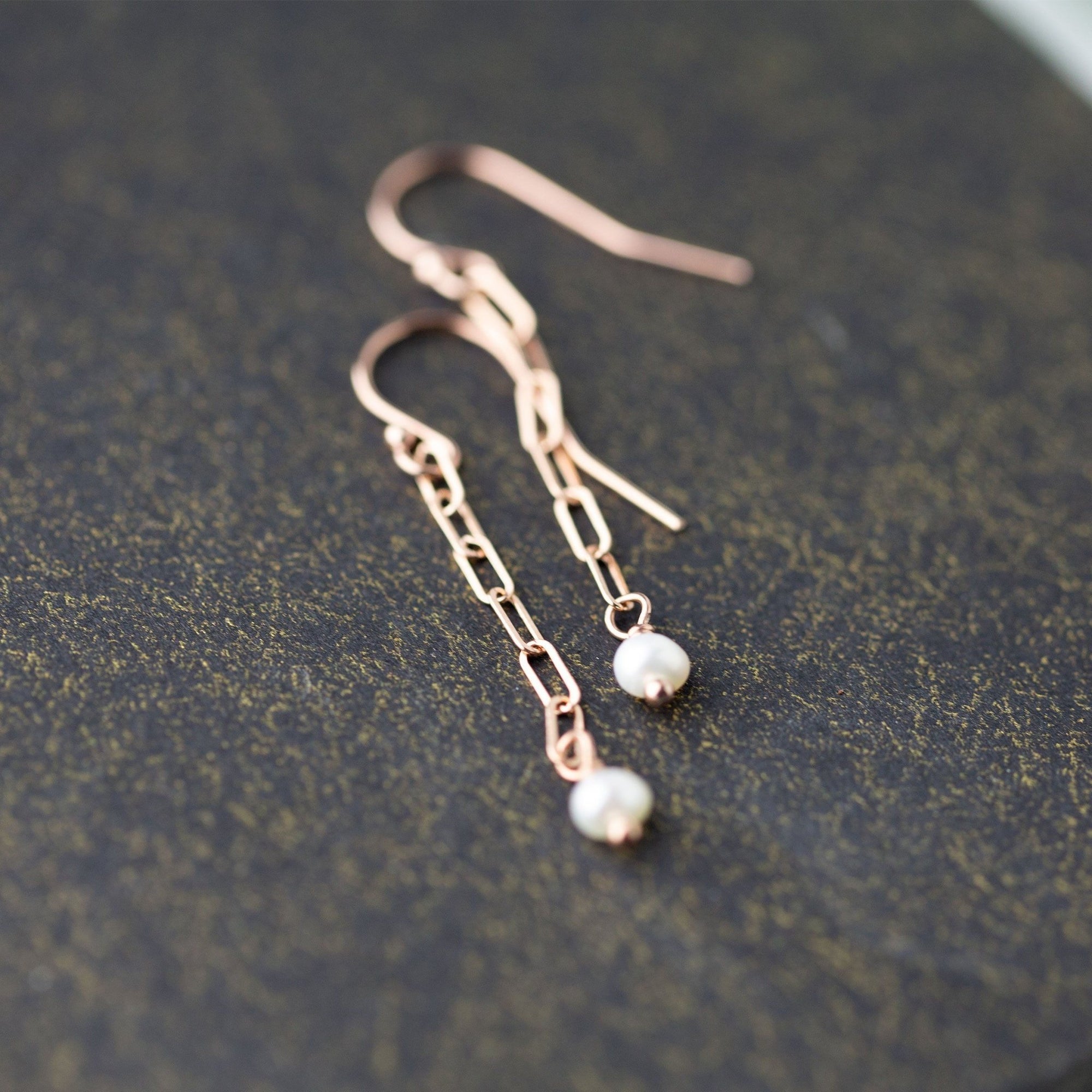 Rose Gold Chain Pearl Drop Earrings - Handmade Jewelry by Burnish