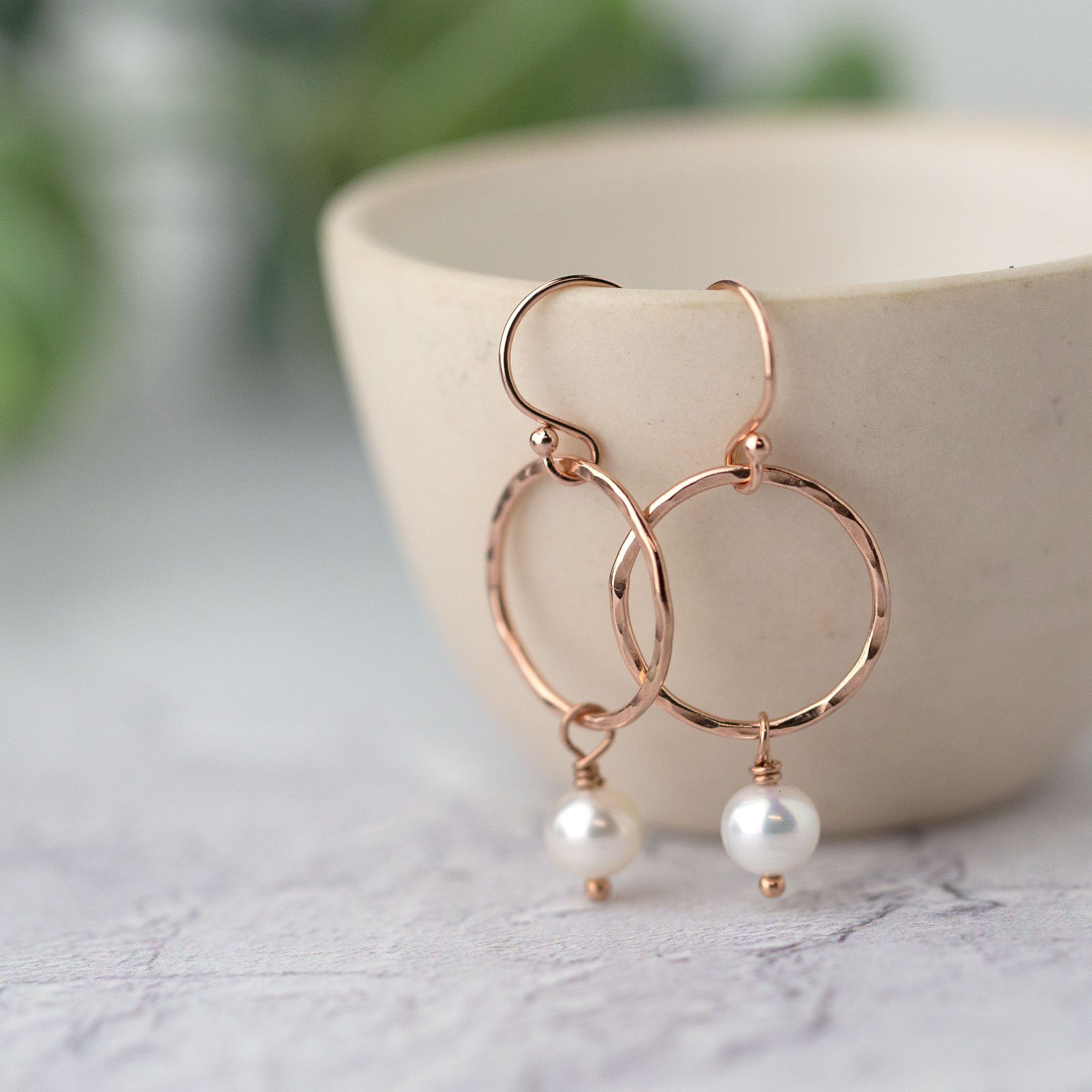 Rose Gold Circle Pearl Earrings - Handmade Jewelry by Burnish