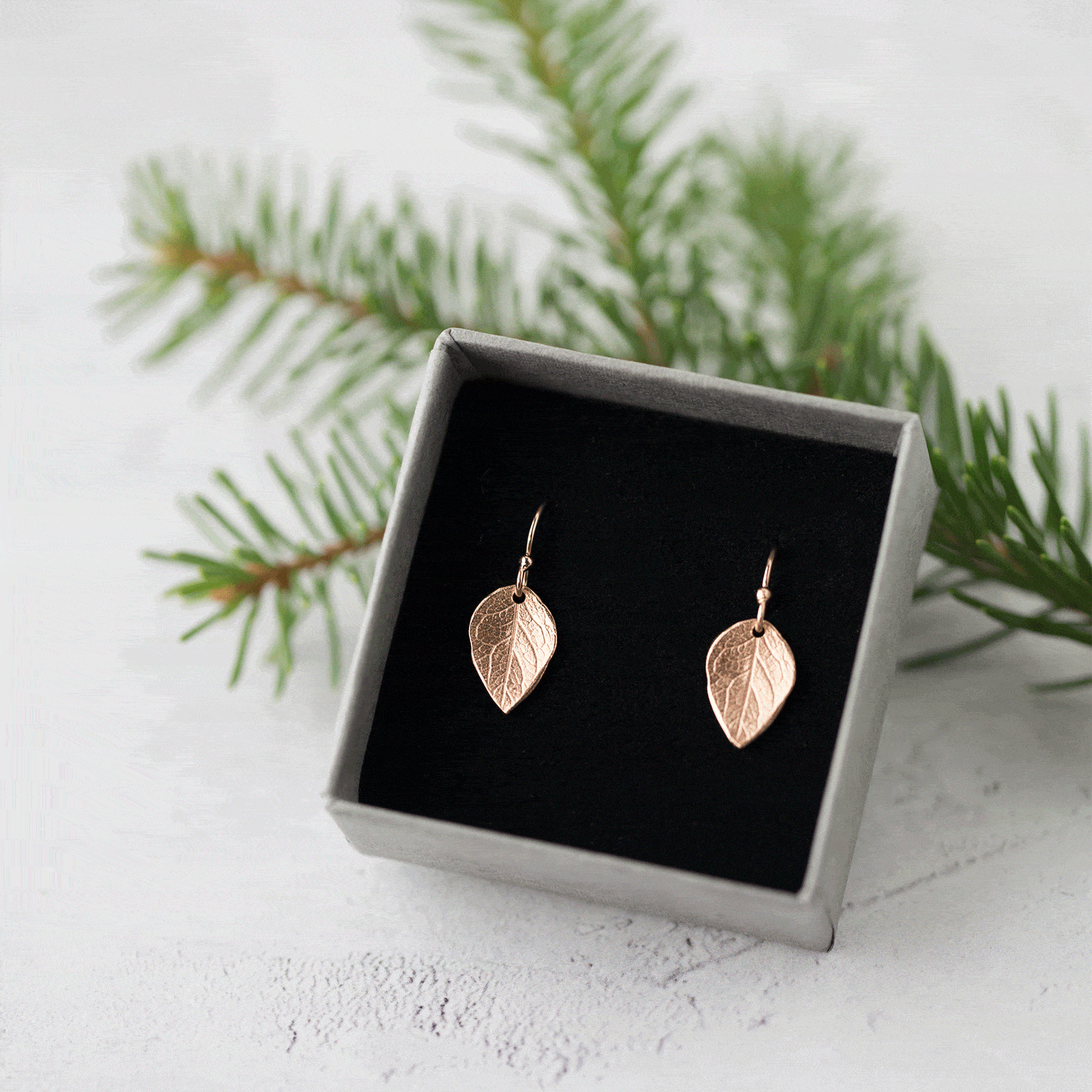 Rose Gold Leaf Earrings - Handmade Jewelry by Burnish