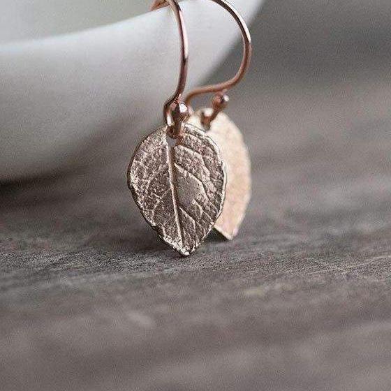Rose Gold Leaf Earrings - Handmade Jewelry by Burnish