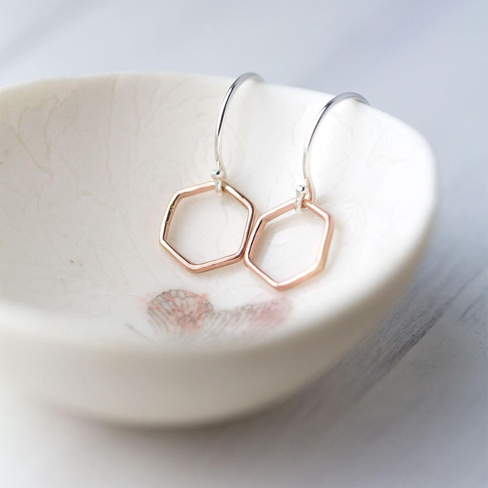 Rose Gold &amp; Silver Hexagon Earrings - Handmade Jewelry by Burnish