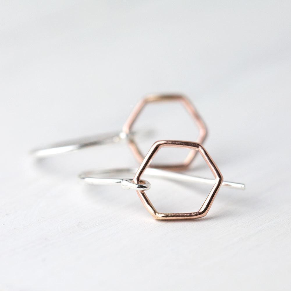 Rose Gold & Silver Hexagon Earrings - Handmade Jewelry by Burnish