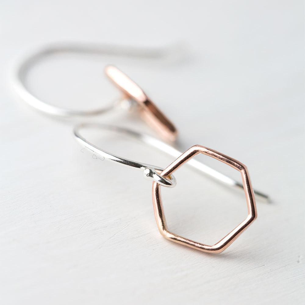 Rose Gold &amp; Silver Hexagon Earrings - Handmade Jewelry by Burnish